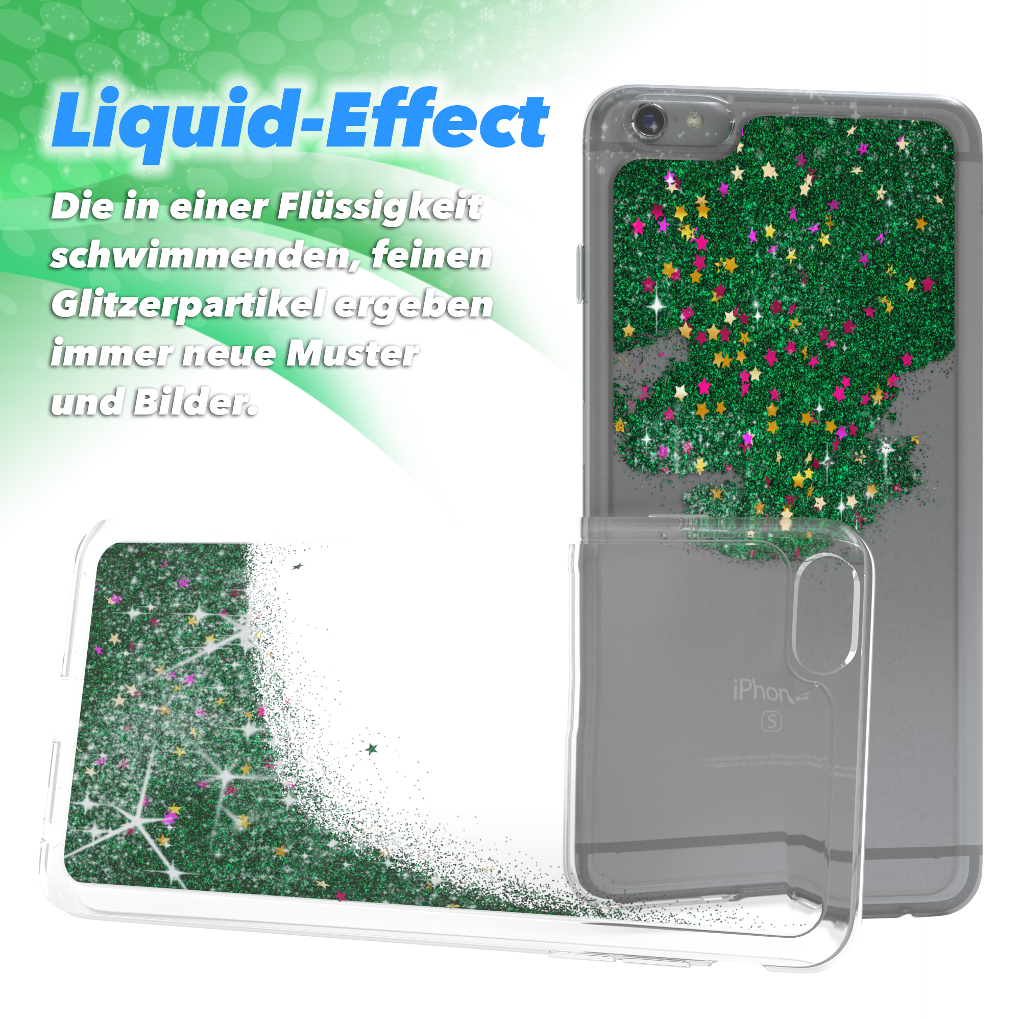 Handyhüllen mit grünem Glitzer. Text lautet 'Liquid-Effect'.