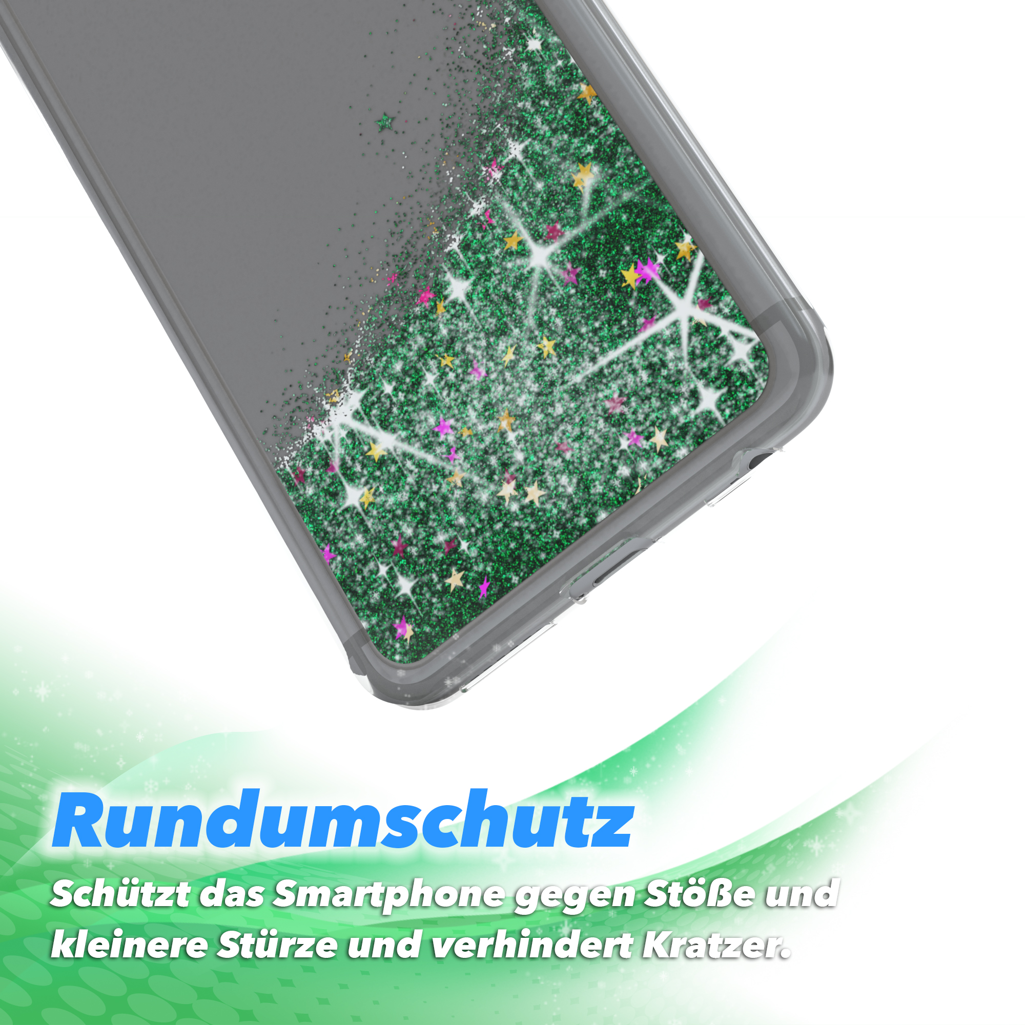 Handyhülle mit grünem und gelbem Glitzerdesign. Text auf Deutsch: Rundumschutz, schützt vor Stößen.