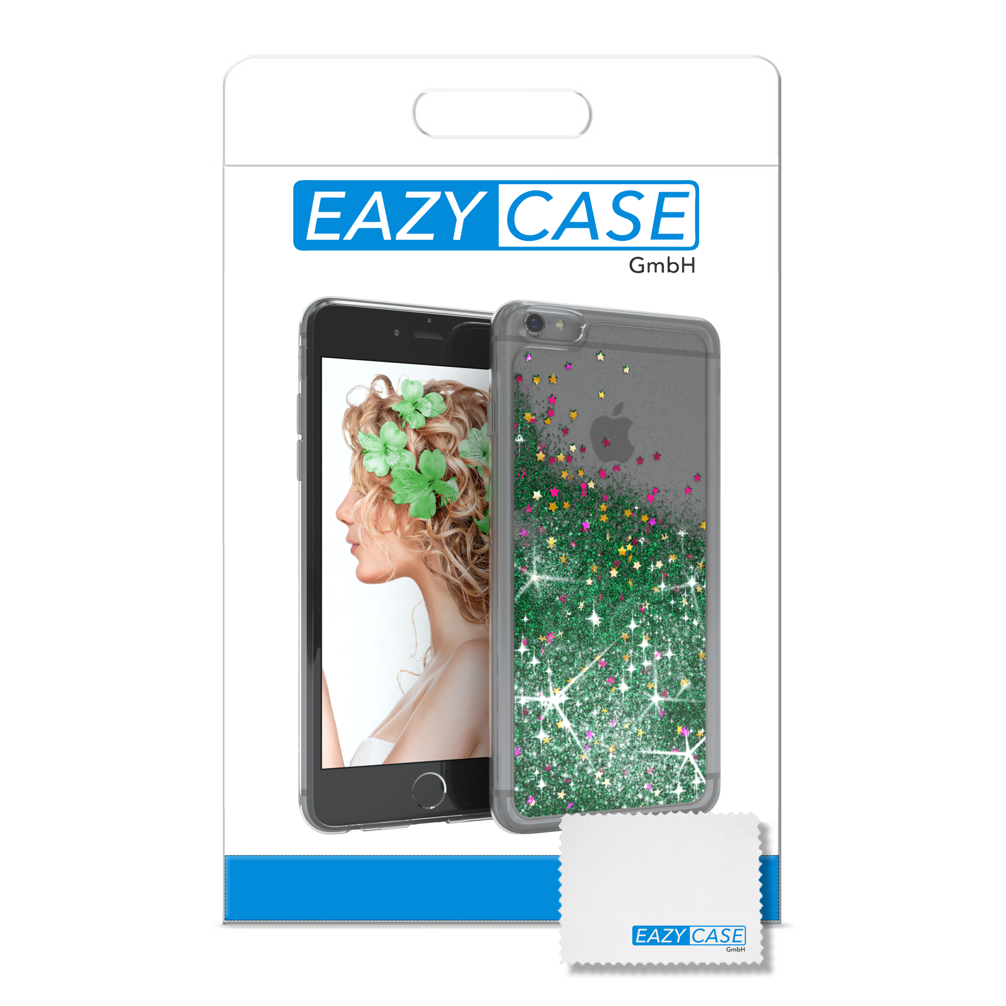 Eine Handyhüllenverpackung, die eine Frau und eine Handyhülle mit Glitzerdesign und ein Reinigungstuch zeigt.