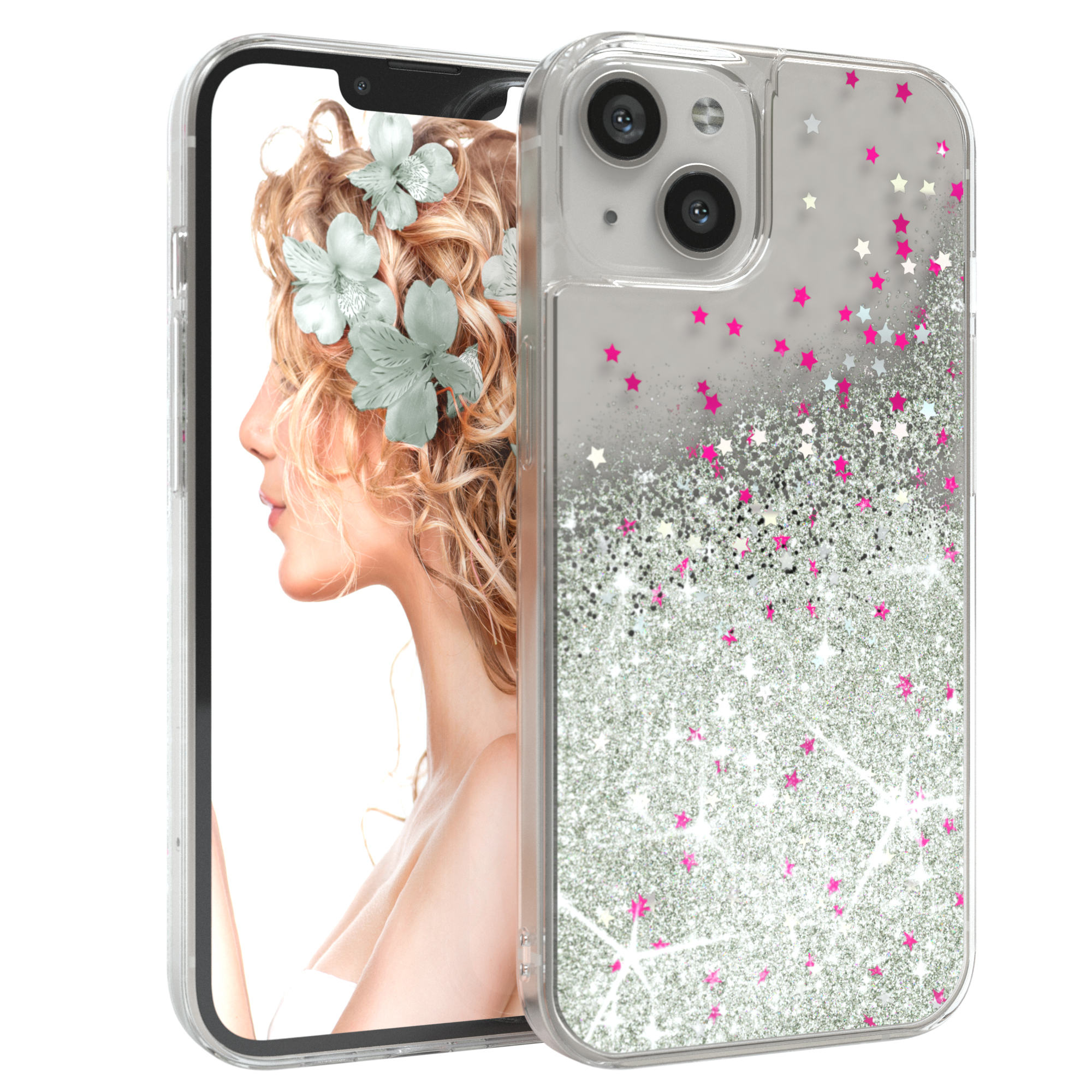Telefon mit Glitzerhülle. Silberner Glitzer, rosa Sterne, Model mit Blumen und klarer Hülle.