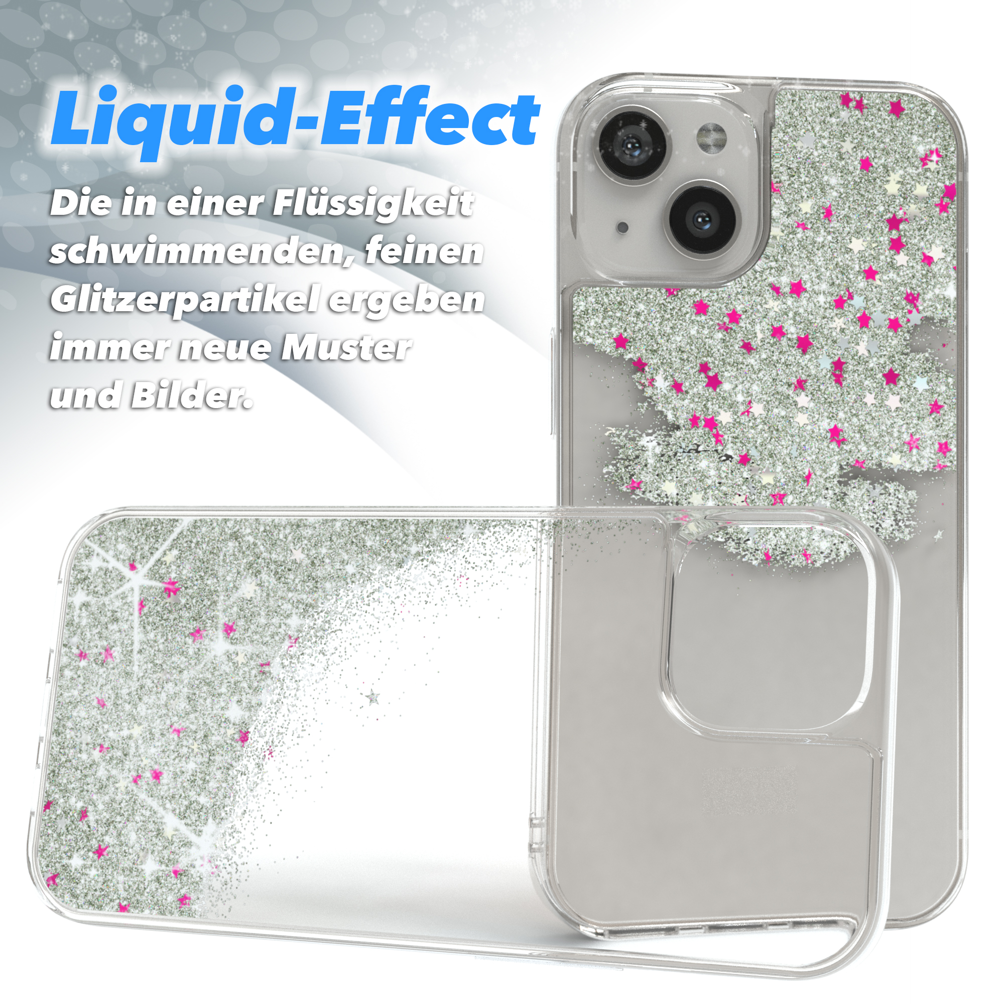 Transparente Handyhülle mit silbernem Glitzer und rosa Sternen. Eine zweite Hülle ist geöffnet zu sehen.