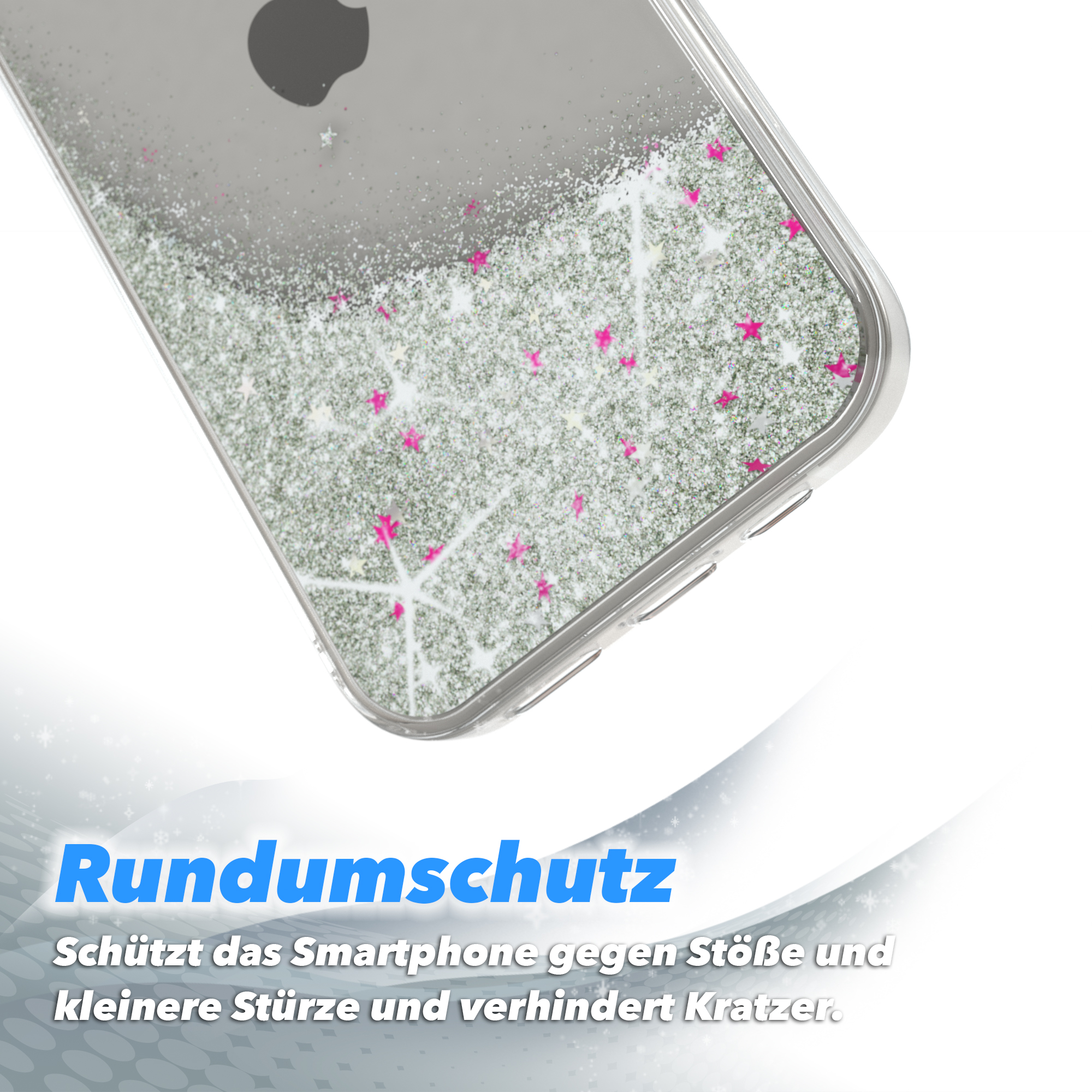Transparente Handyhülle mit silbernem Glitzer und rosa Sternen. Text: Rundumschutz.