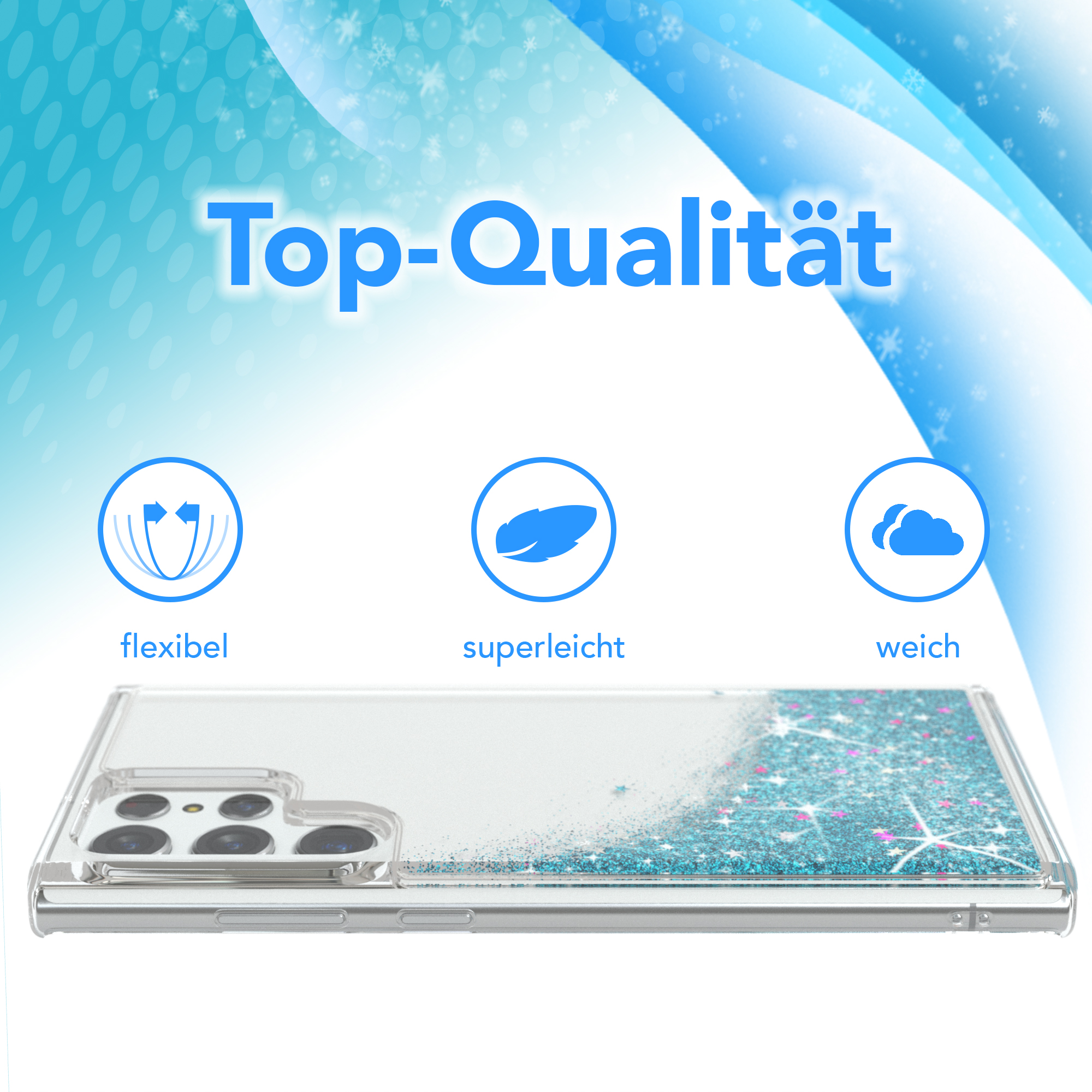 Handyhülle mit blauem Glitzerdesign. Top-Qualität Text und drei Icons: flexibel, superleicht und weich.