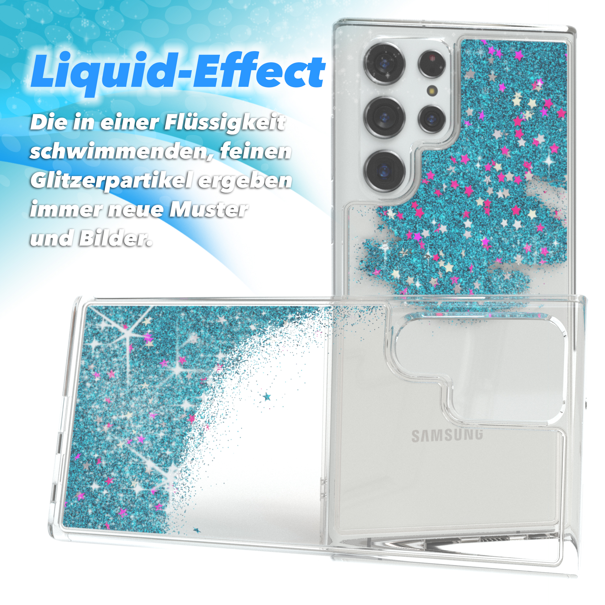 Handyhülle mit Flüssigkeit und Glitzer. Text Liquid-Effect, Samsung Logo.