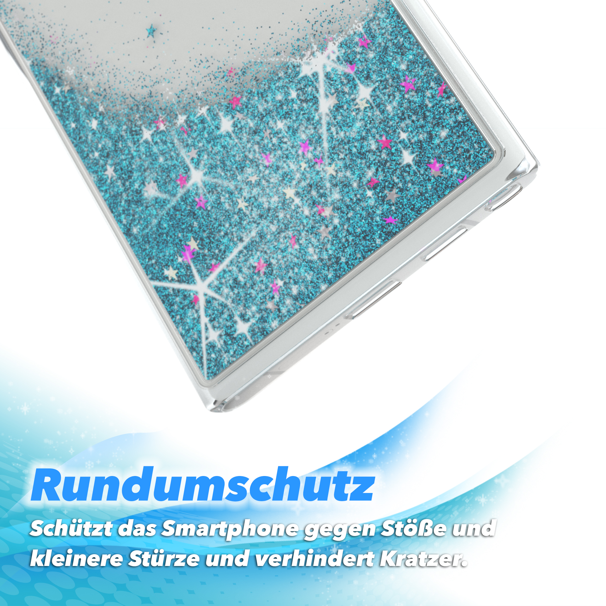 Nahaufnahme einer durchsichtigen Handyhülle mit blauem Glitzer und Sternen. Die Hülle scheint zu schützen.