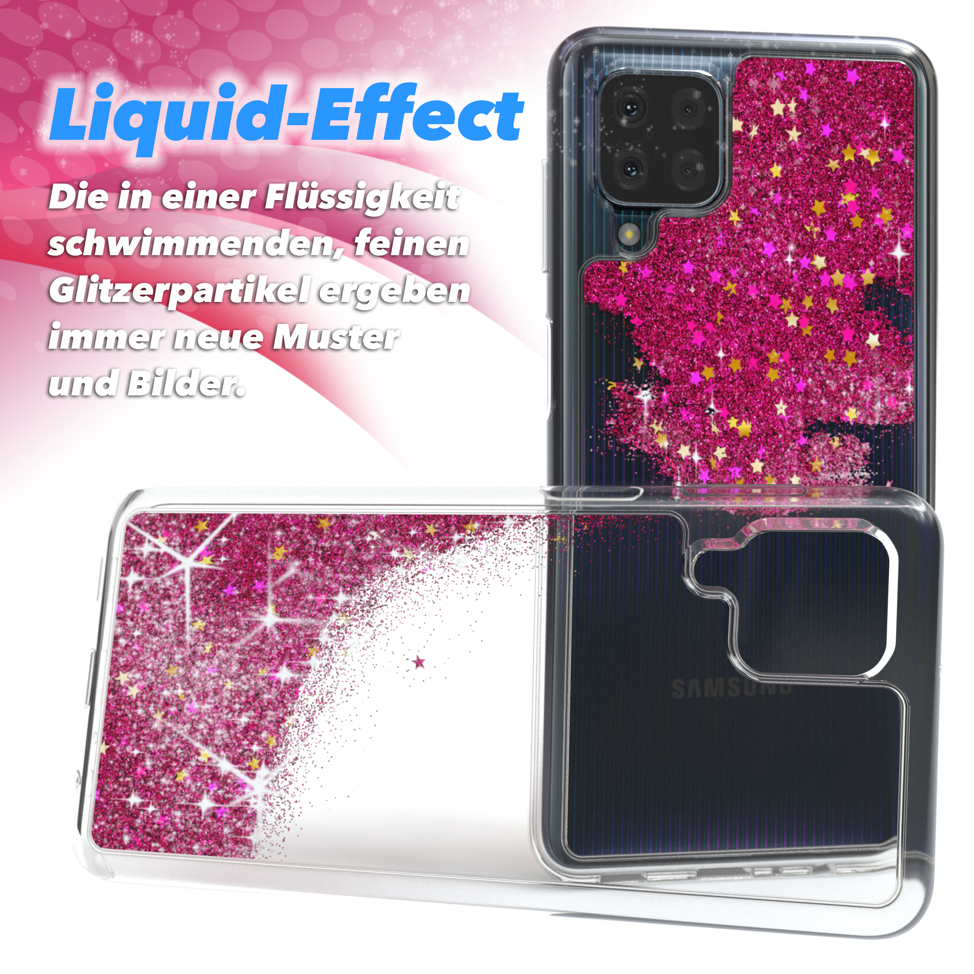 Handyhülle mit Flüssigkeitseffekt. Rosa Glitzer in der Hülle. Die Hülle ist geöffnet und gefaltet.