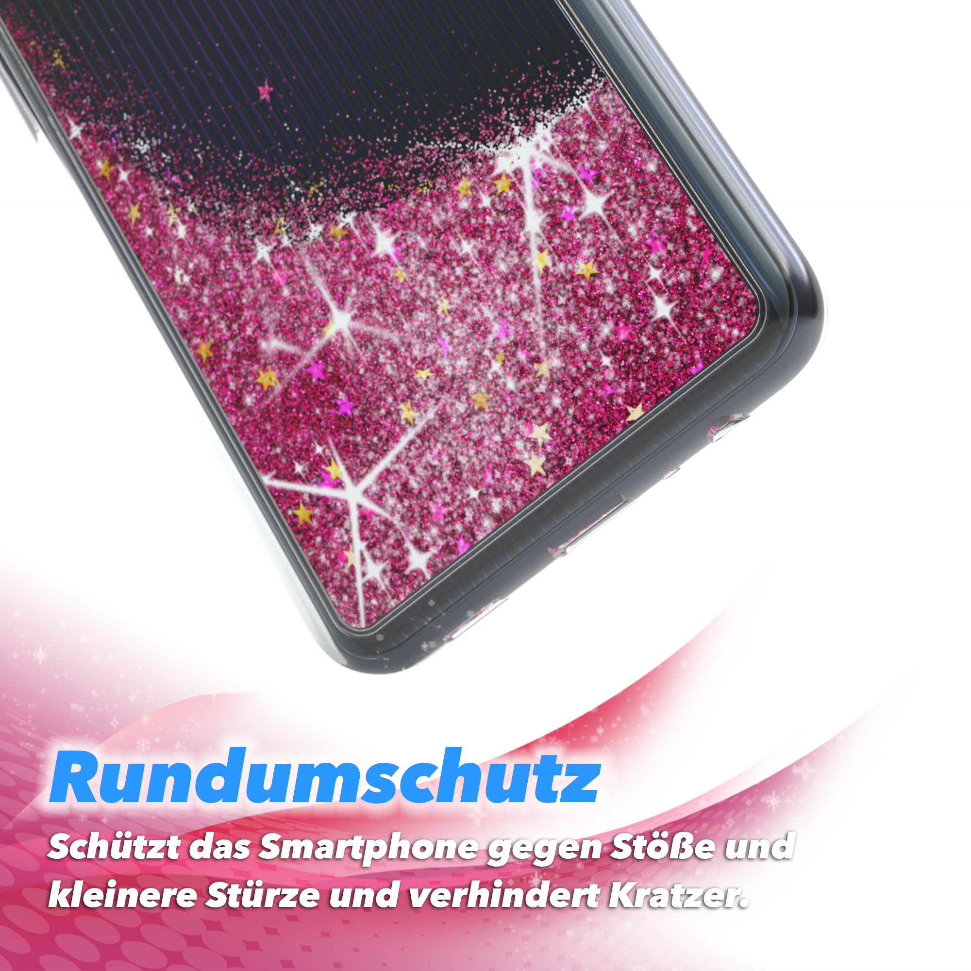 Handyhülle mit Glitzer und Sternen in Rosatönen auf weißem Untergrund, mit Text.