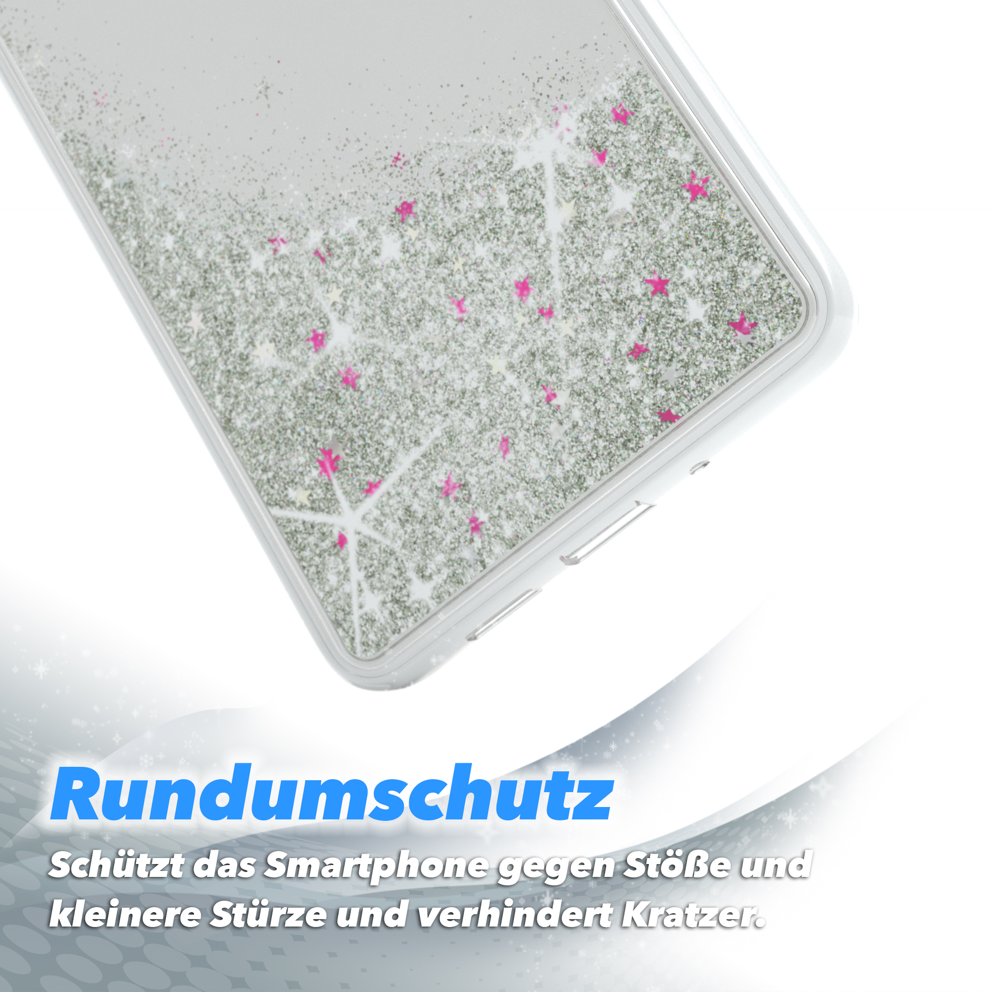 Handyhülle mit Glitzer. Text: Rundumschutz, schützt vor Stößen und Kratzern. Weißer Hintergrund.