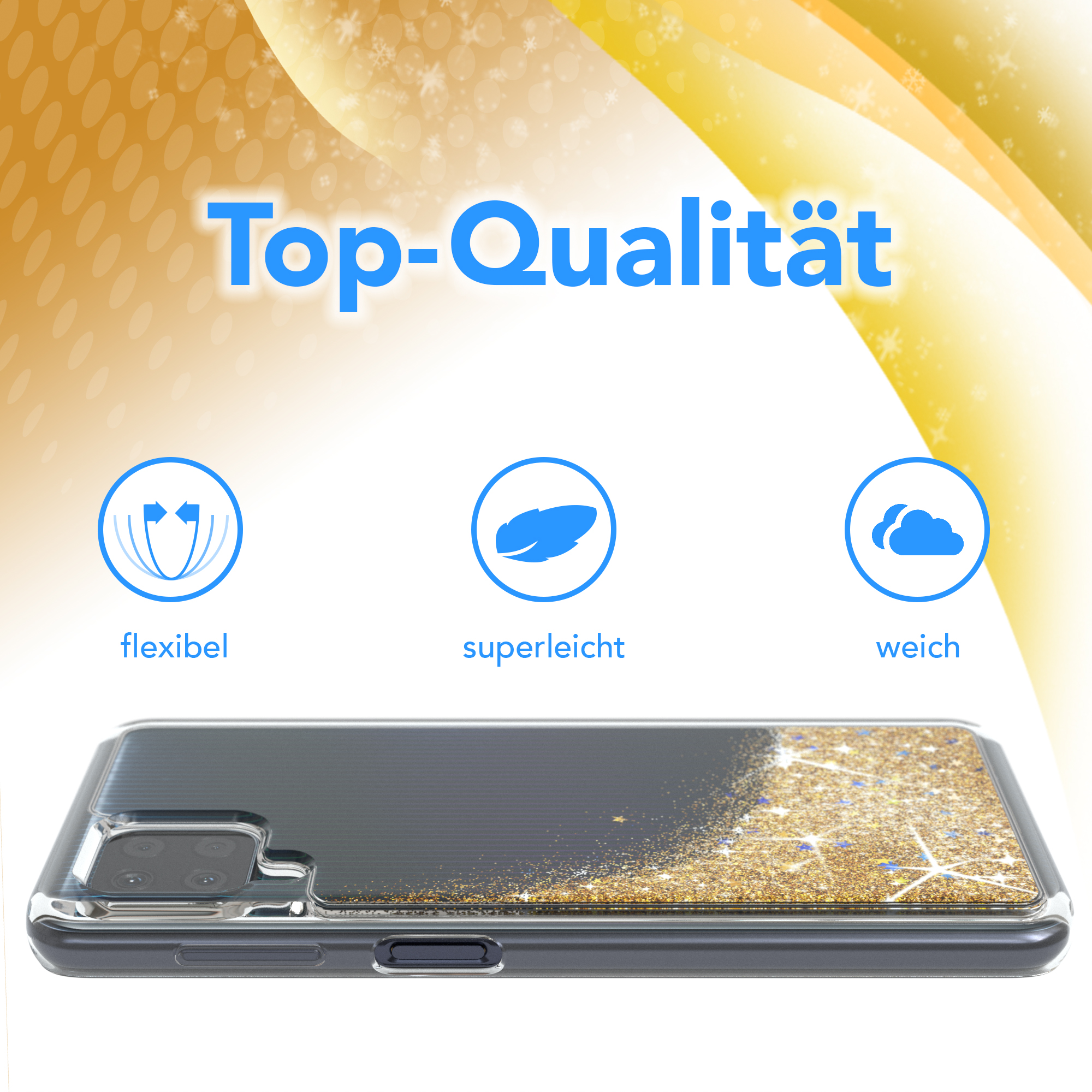 Handyhülle mit Glitzerdesign und Text: Top-Qualität. Drei Icons: flexibel, superleicht, weich.