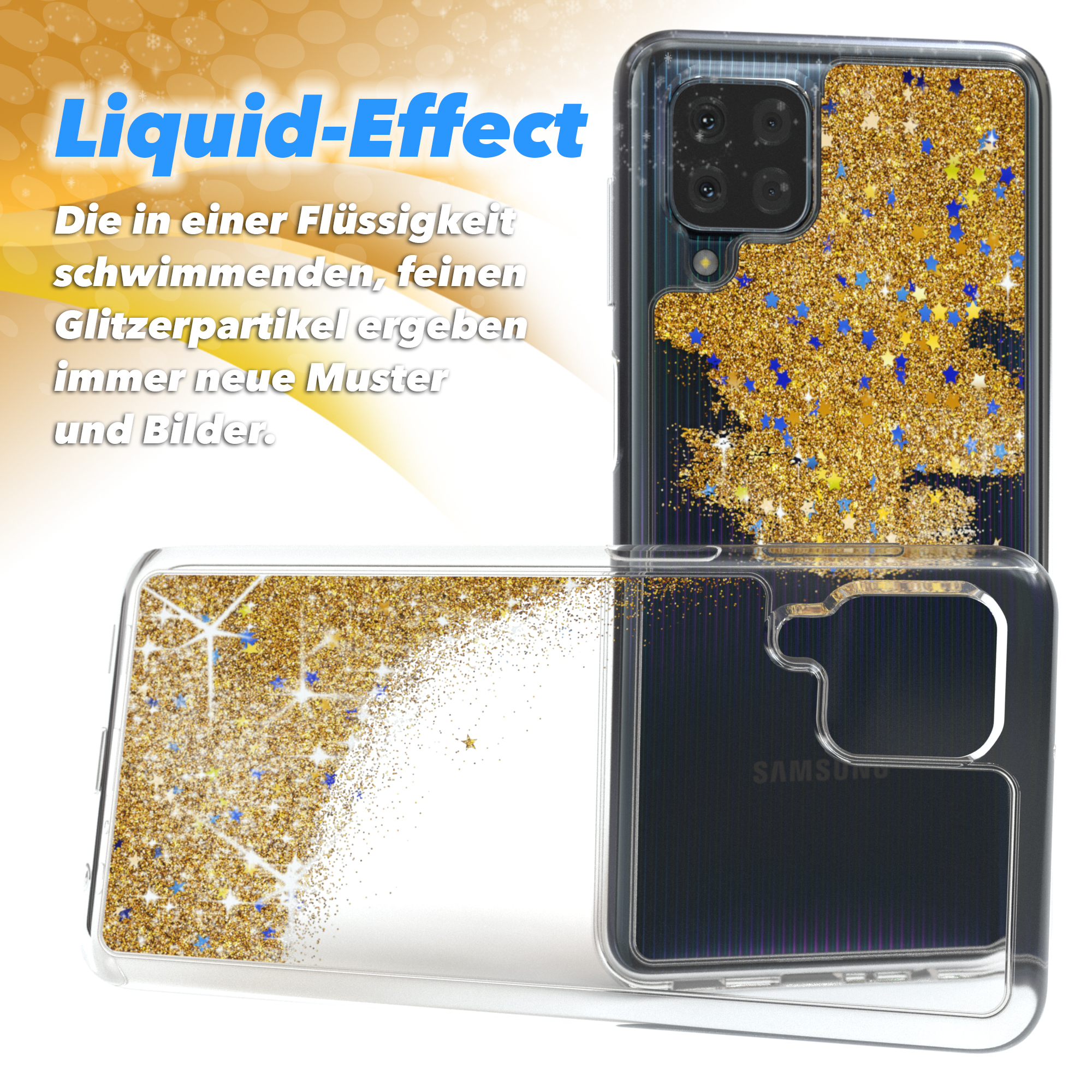 Handyhüllen mit goldenem Glitzer im Inneren, ein Flüssigkeitseffekt. Samsung-Telefon wird angezeigt.