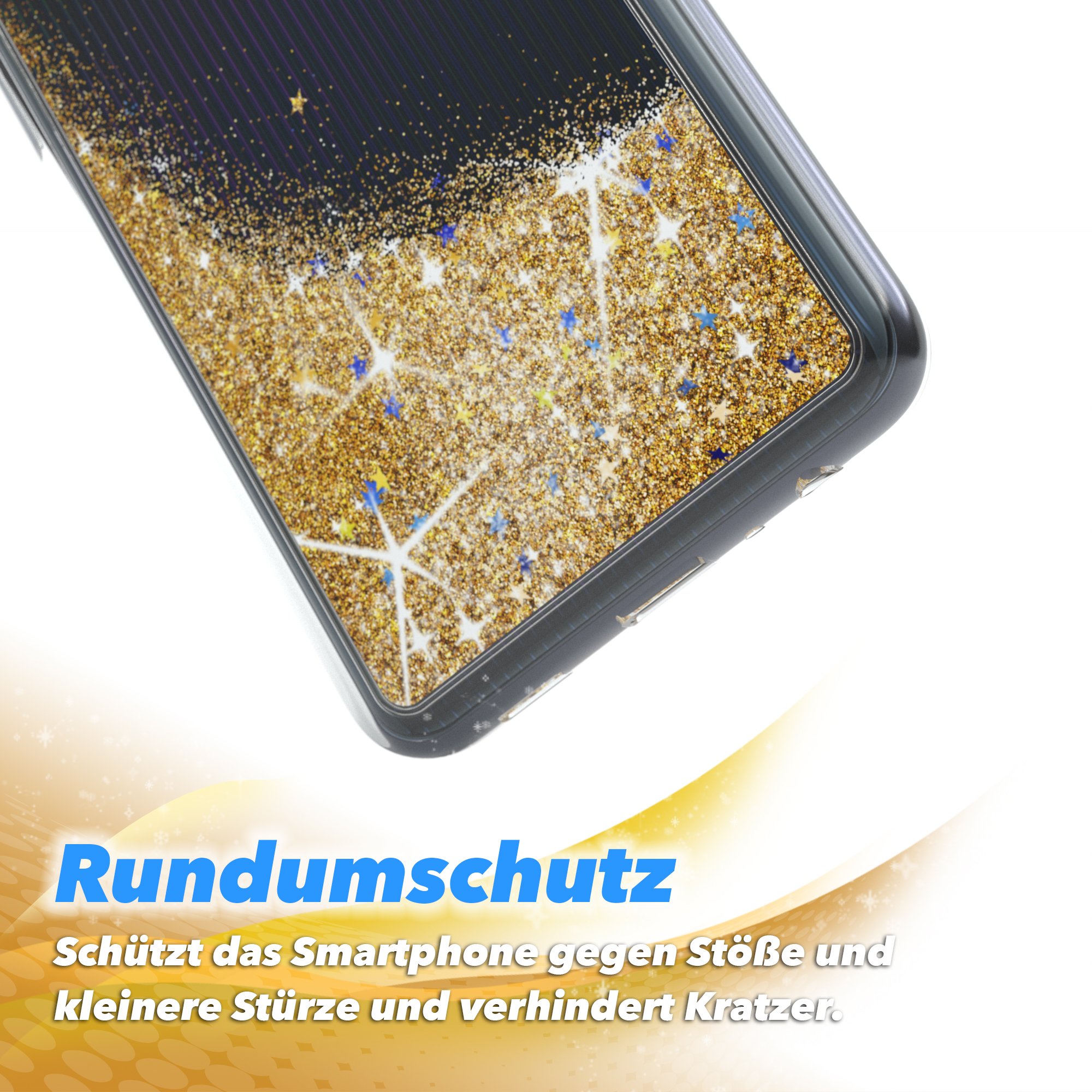Schwarze Handyhülle mit goldenem Glitzerdesign, mit den Worten Top-Qualität und Symbolen.