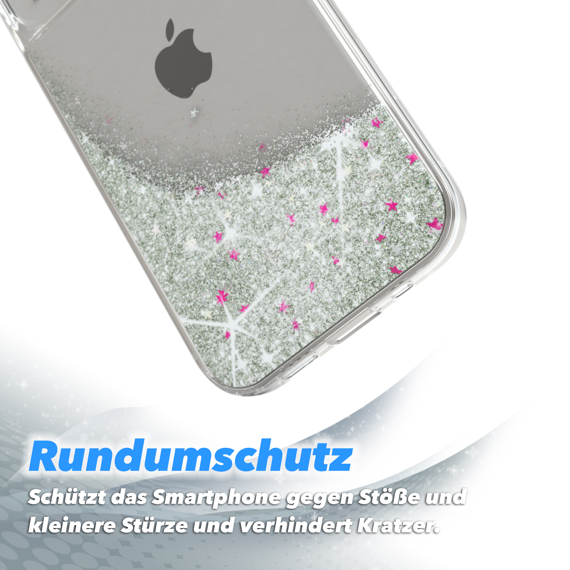 Transparente Handyhülle mit Glitzer. Kleine rosa Sterne und weißer Glitzer. Text unten.