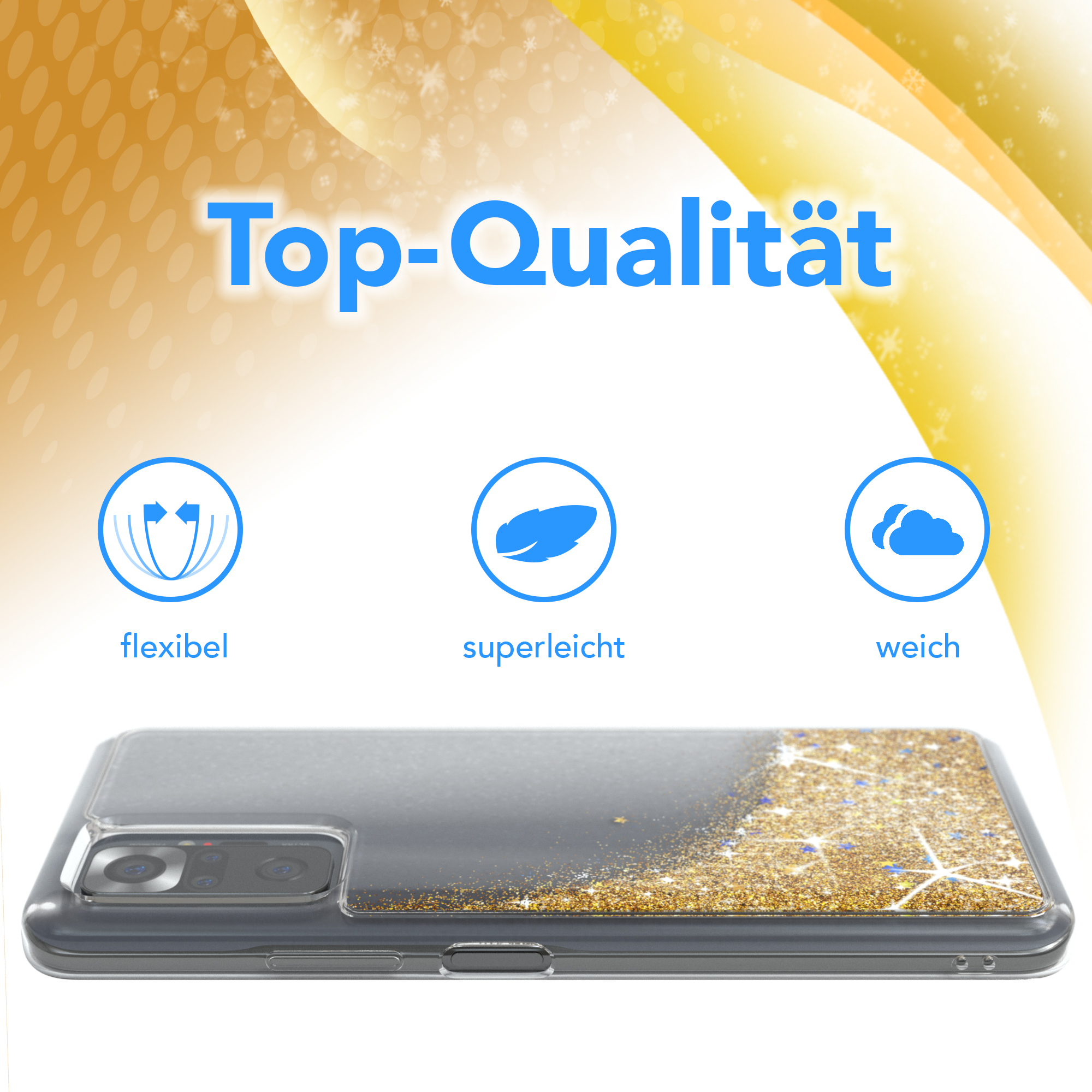 Handyhülle mit grauem und goldenem Glitzer, Top-Qualität, flexibel, superleicht und weich.