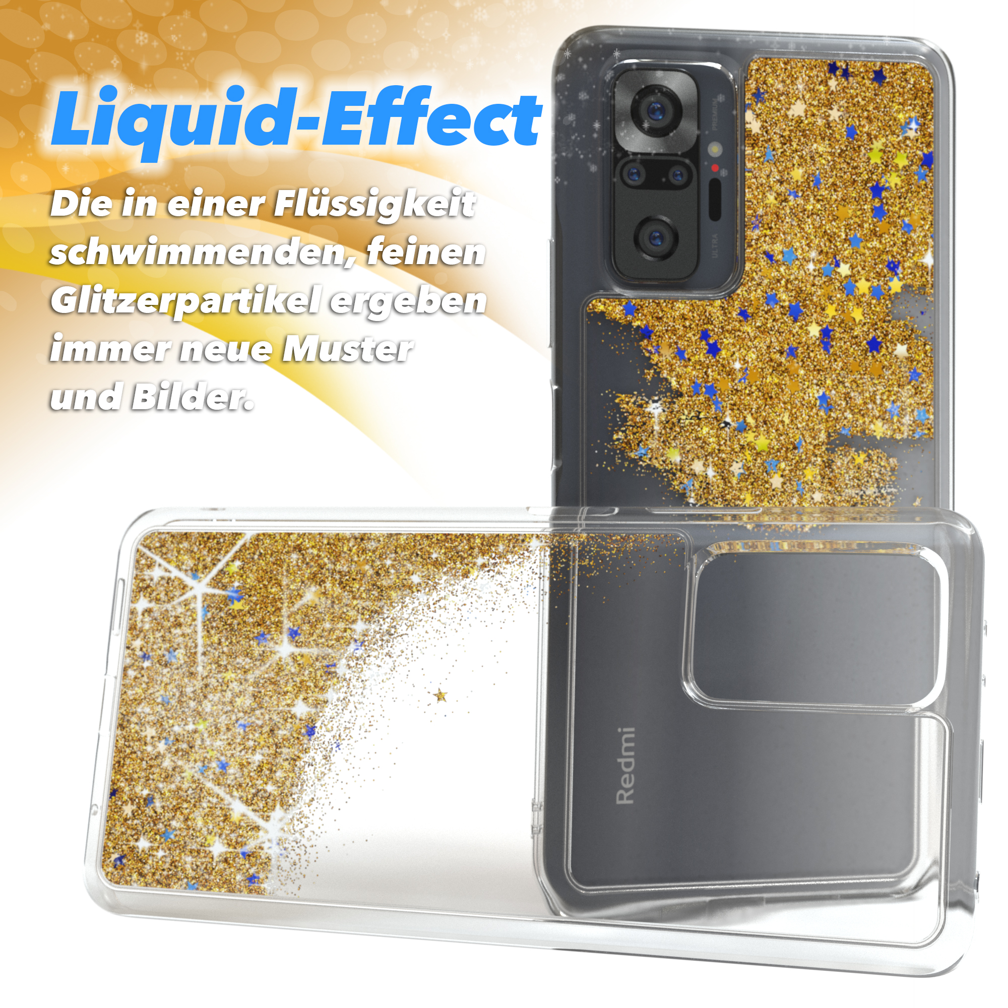 Zwei Handyhüllen mit Flüssigkeitseffekt aus goldenem Glitzer und Sternen auf einem Redmi-Telefon. Schwarzer Hintergrund.