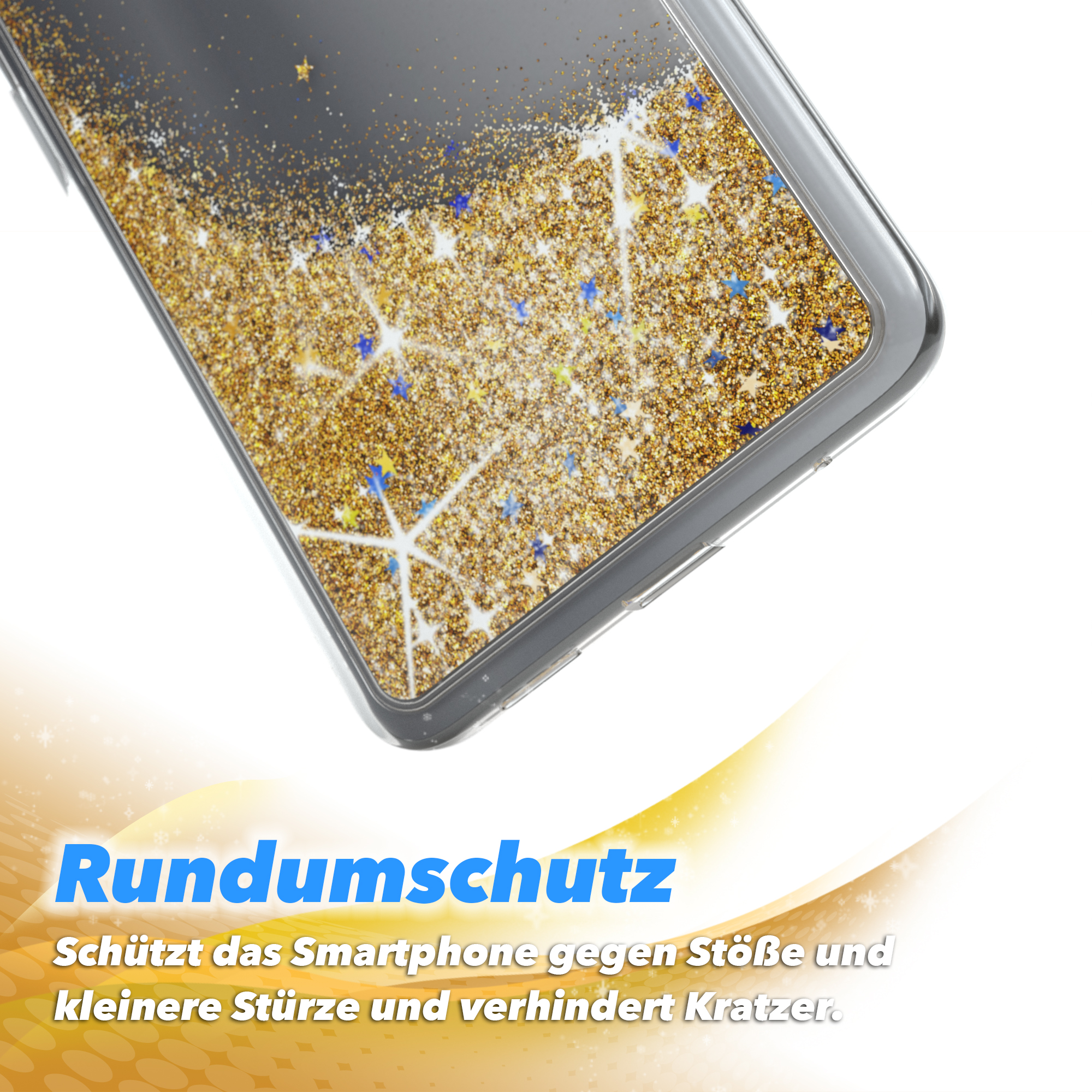Transparente Handyhülle mit goldfarbenem Glitzer. Text: Rundumschutz, schützt vor Stößen und Kratzern.