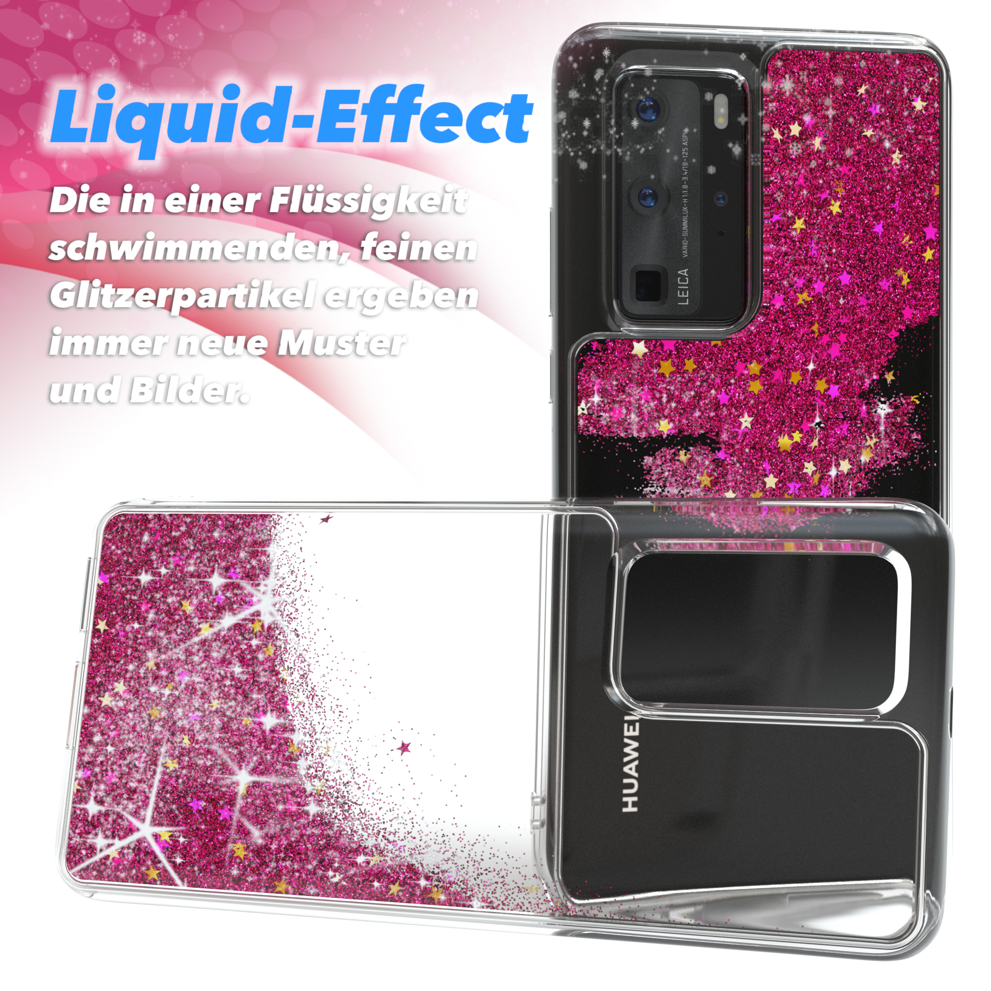 Zwei Handyhüllen mit rosa Glitzer und Sternen, mit deutschem Text.