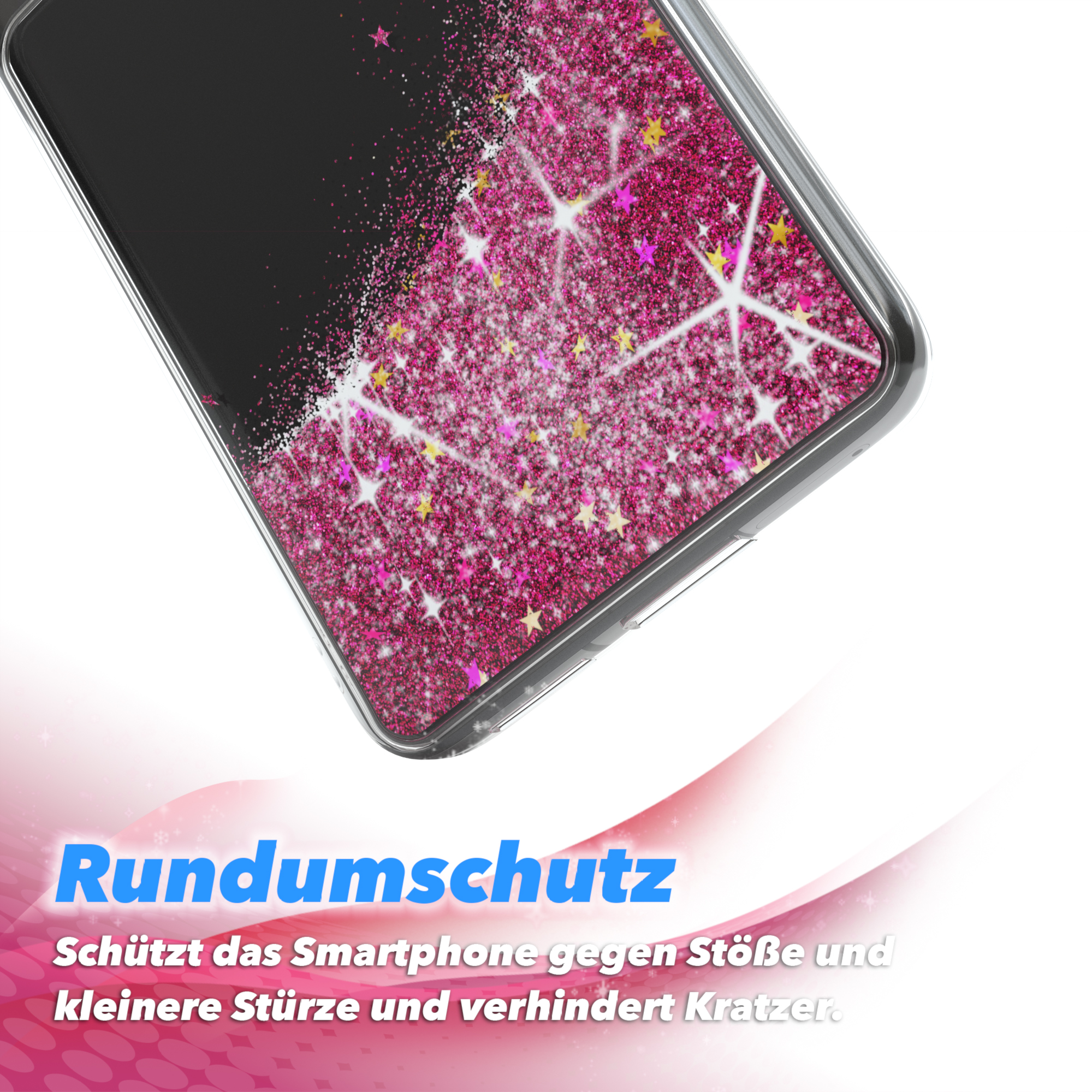 Smartphone-Hülle mit pinkem Glitzer-Design, Text: 'Rundumschutz'.
