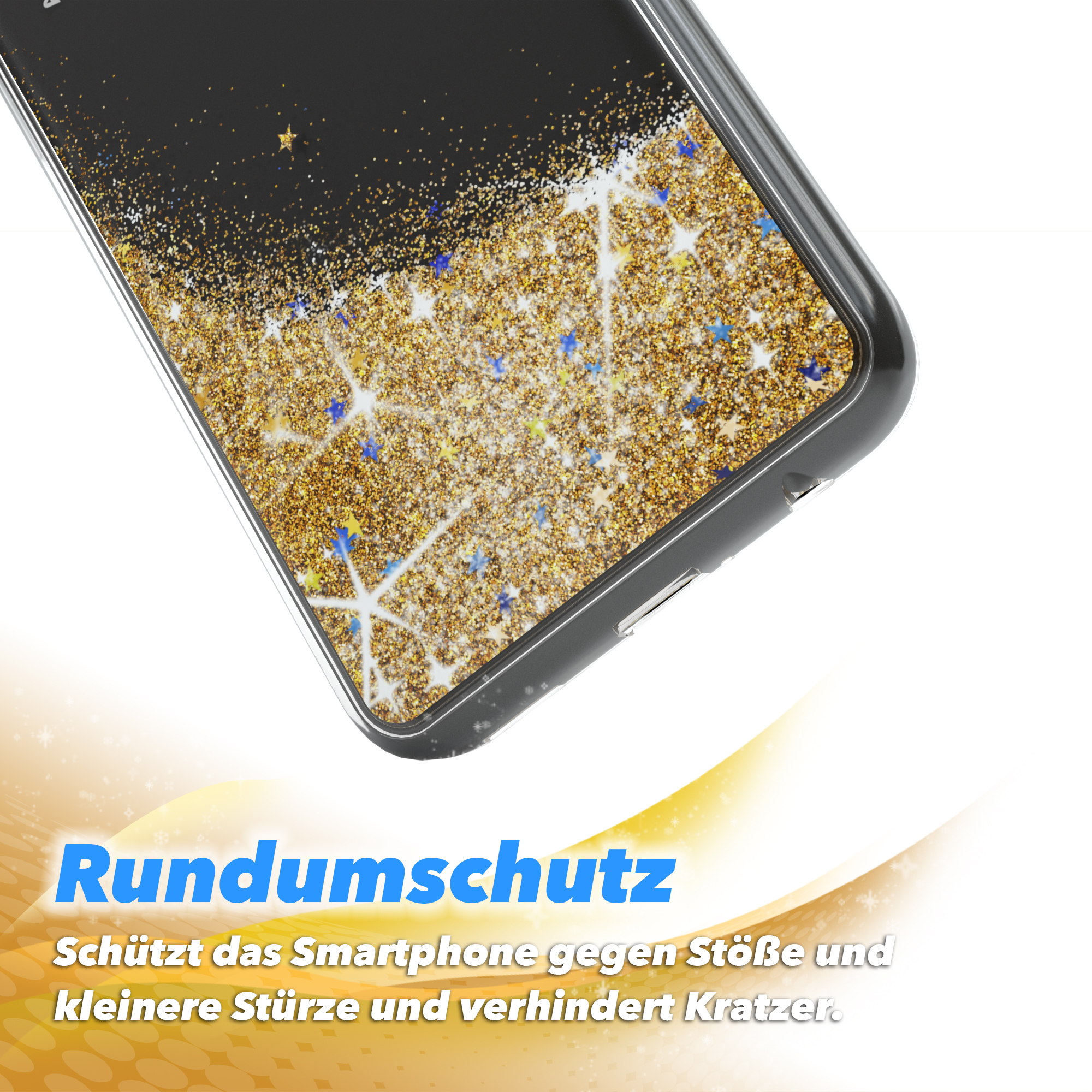 Nahaufnahme einer Handyhülle mit goldenem Glitzer und blauen Sternen. Text: 'Rundumschutz' (Rundumschutz).