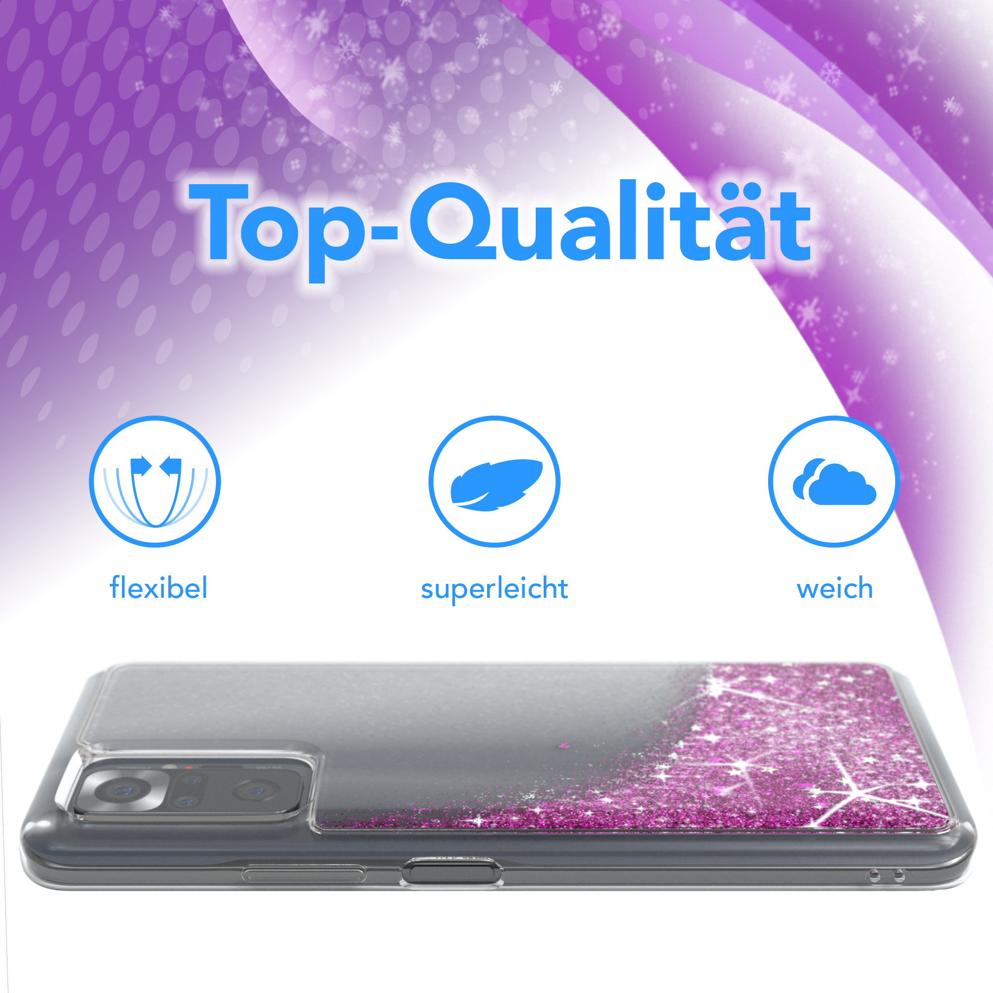 Telefonhülle, lila Glitzerdesign. Weißer Hintergrund mit lila Schneeflocken und Text.