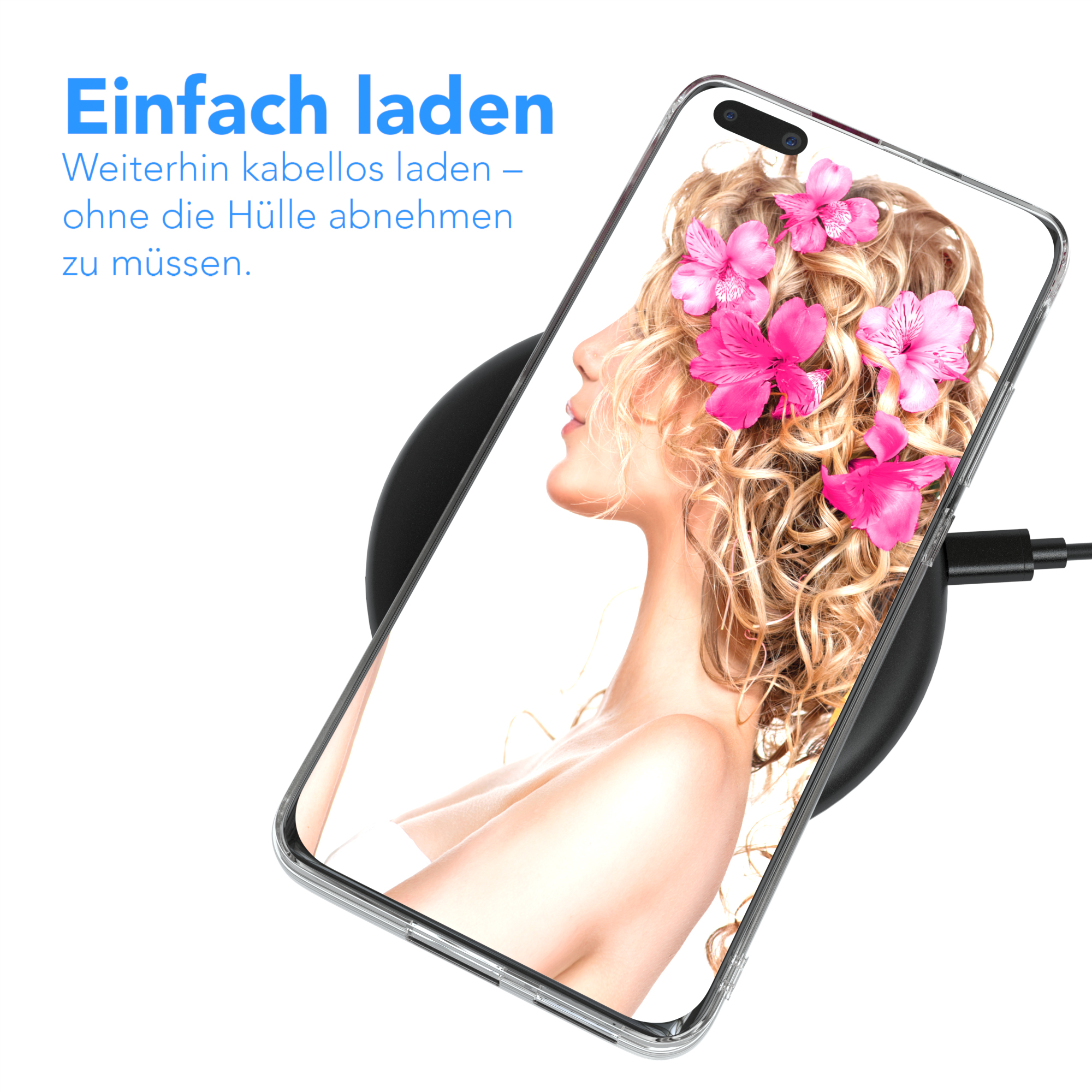 Telefon lädt auf einem kabellosen Ladegerät, mit einem Frauengesicht auf dem Bildschirm und rosa Blumen.