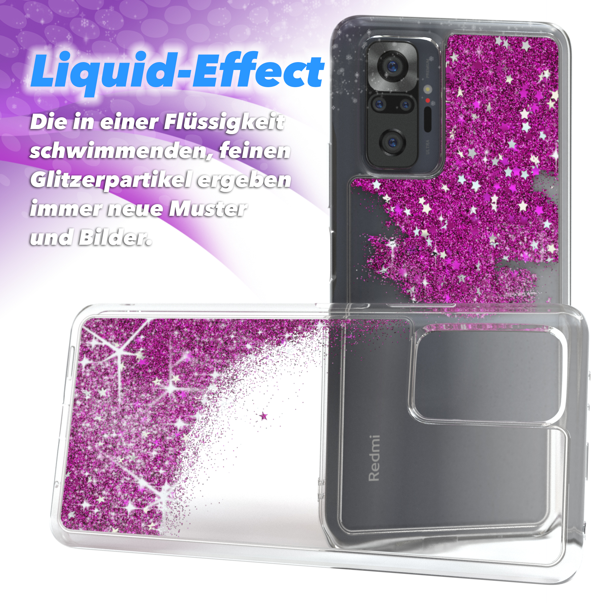 Transparente Handyhüllen mit pinkfarbenem Glitzer und Sternen. Eine Hülle ist offen, die andere hat ein Redmi-Logo.