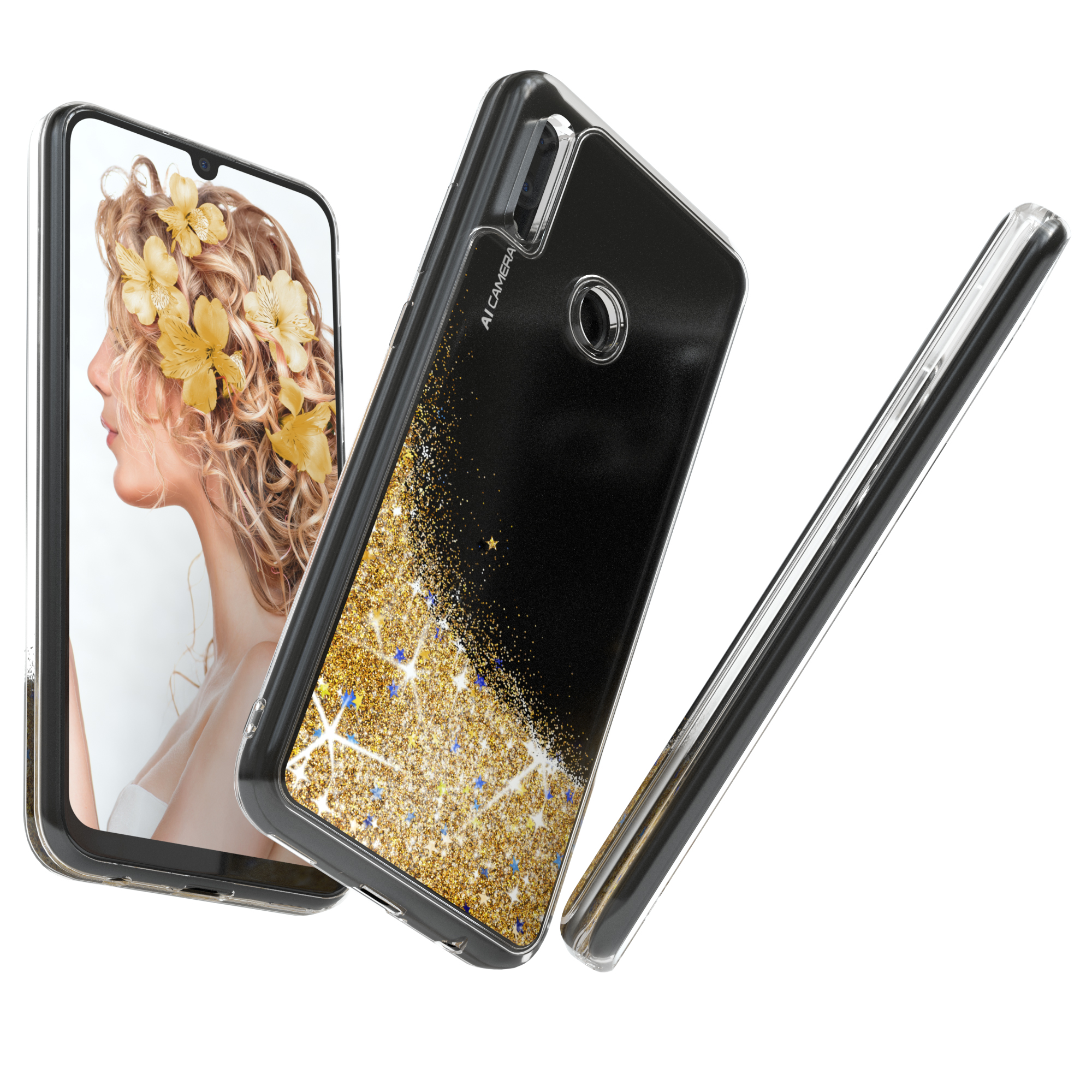 Schwarze Handyhülle mit goldenem Glitzer, mit einem Telefon, das eine Frau mit Blumen zeigt.