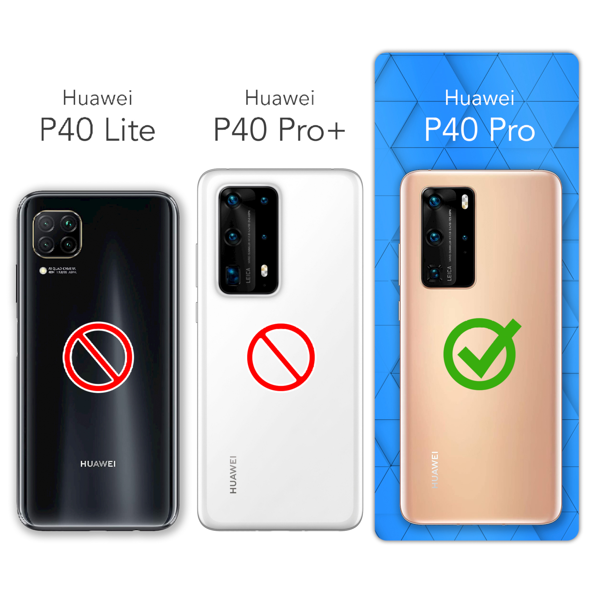 Drei Huawei-Telefone: P40 Lite (nein), P40 Pro+ (nein), P40 Pro (ja), zeigen Kompatibilität.