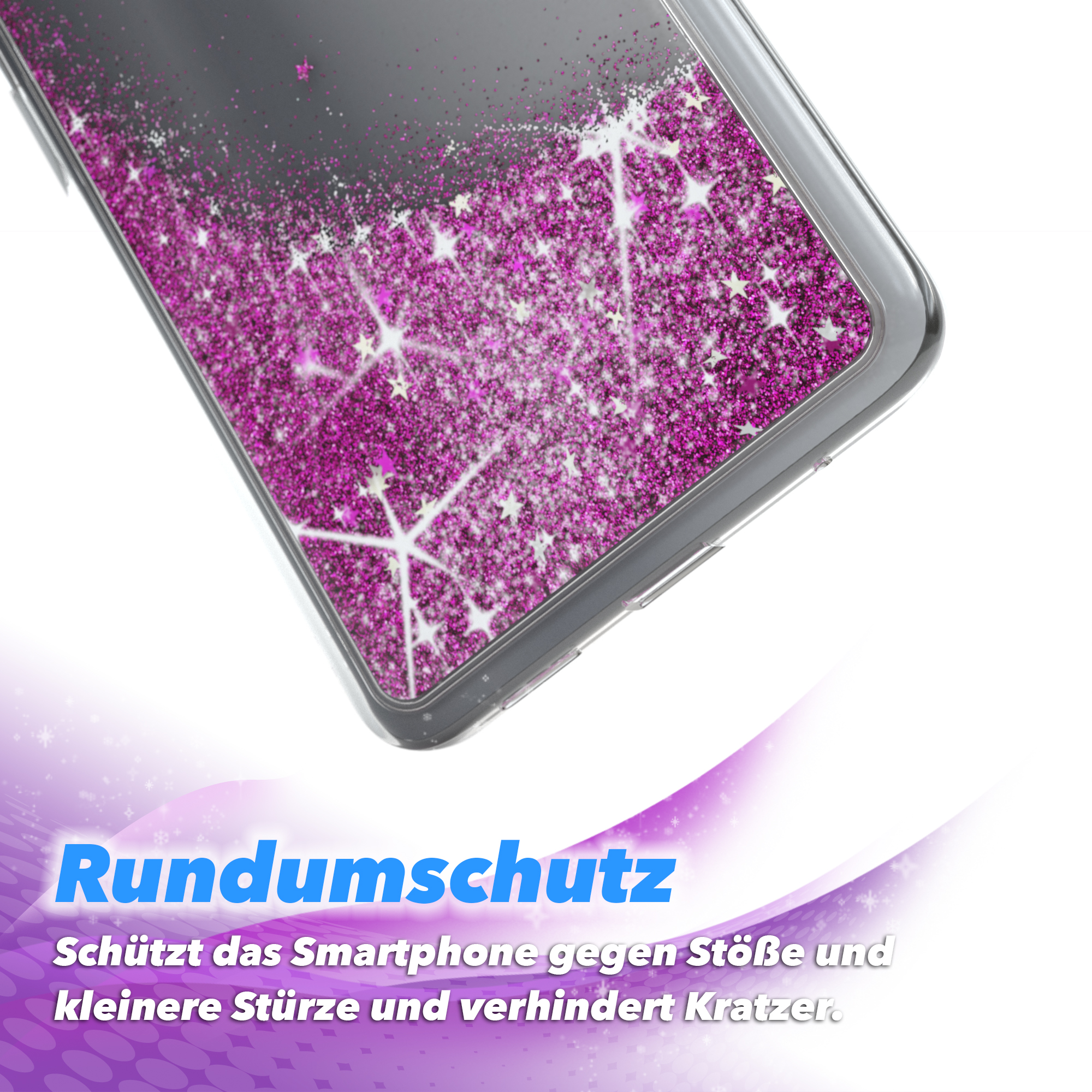 Handyhülle mit rosa Glitzer und Sternen, Schutzfunktionen.