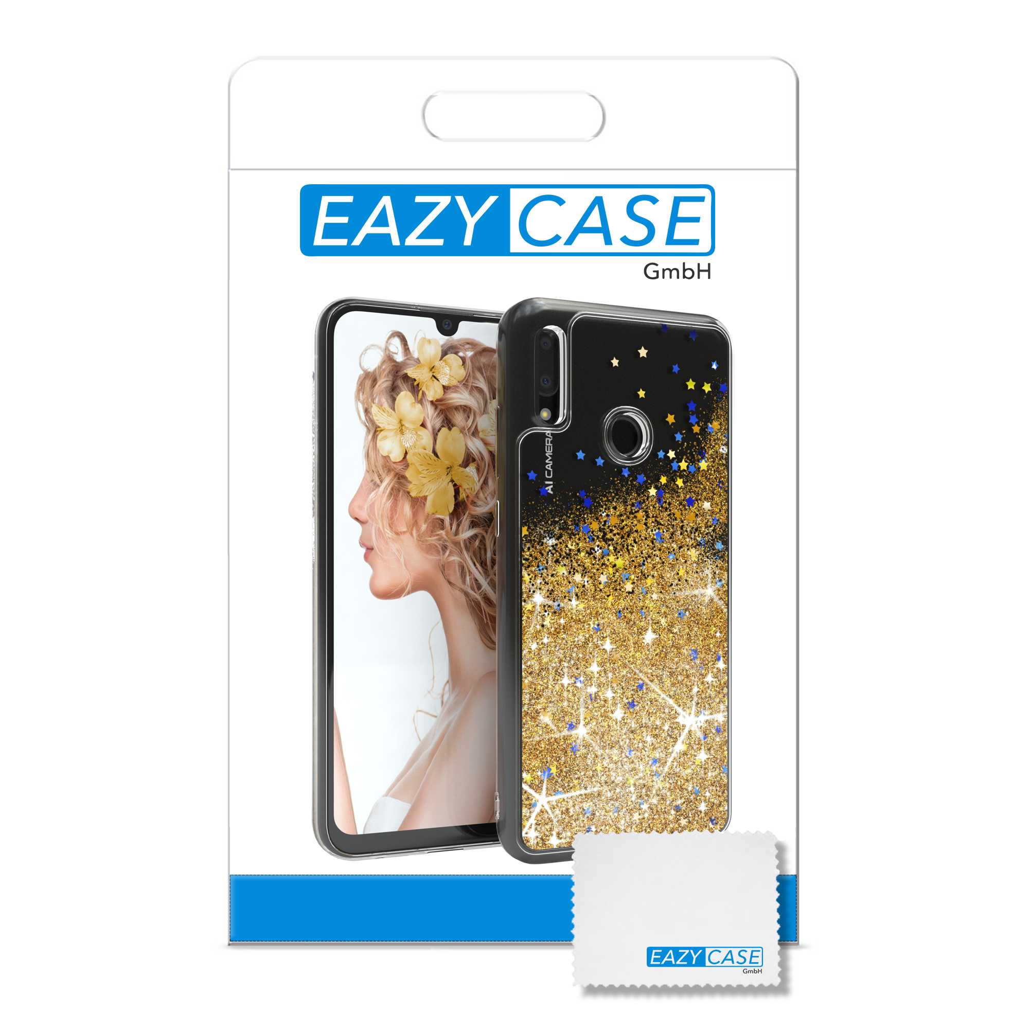 Handyhüllenverpackung mit Telefon, Blumen und einem Reinigungstuch.
