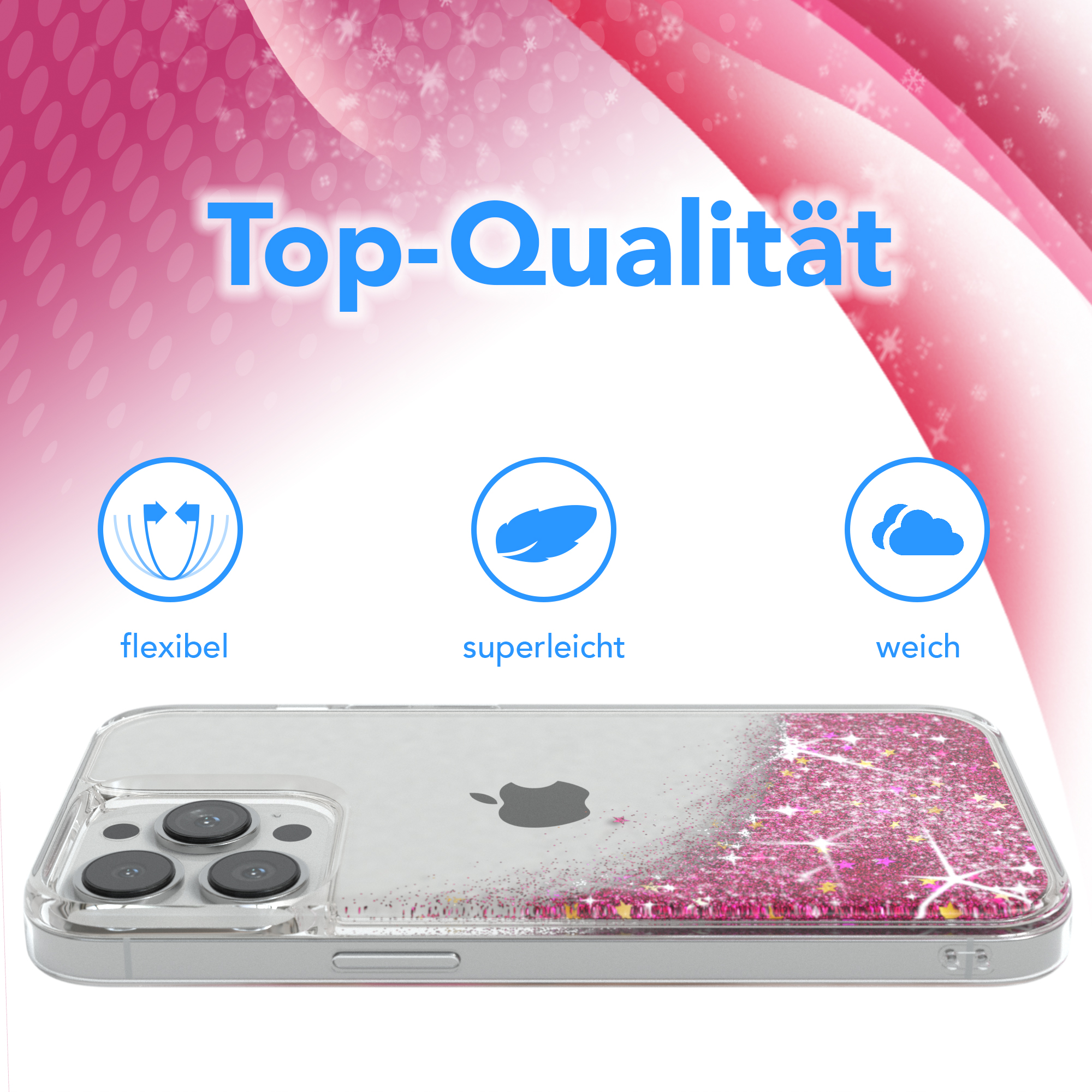Transparente Handyhülle mit rosa Glitzer, Sternen, Text: Top-Qualität.