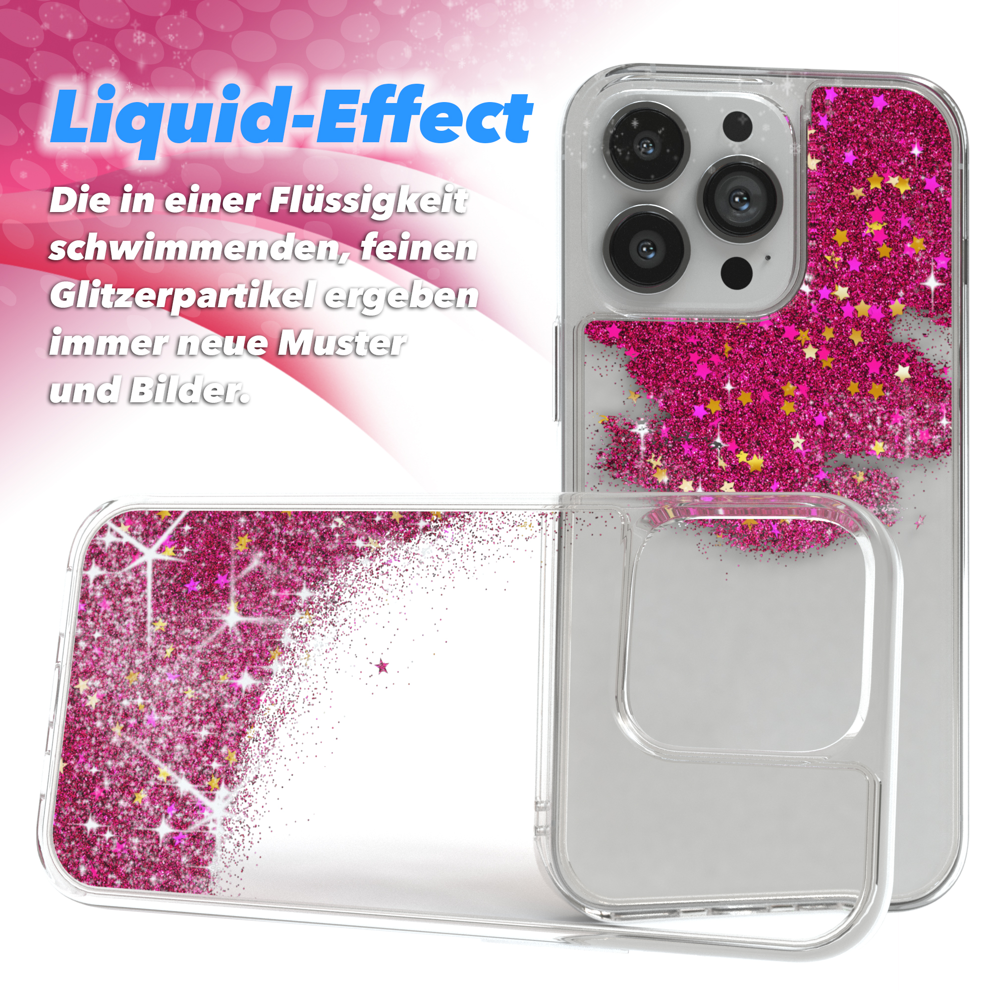 Handyhüllen mit Glitzer- und Sternmustern, Flüssigkeitseffekt.