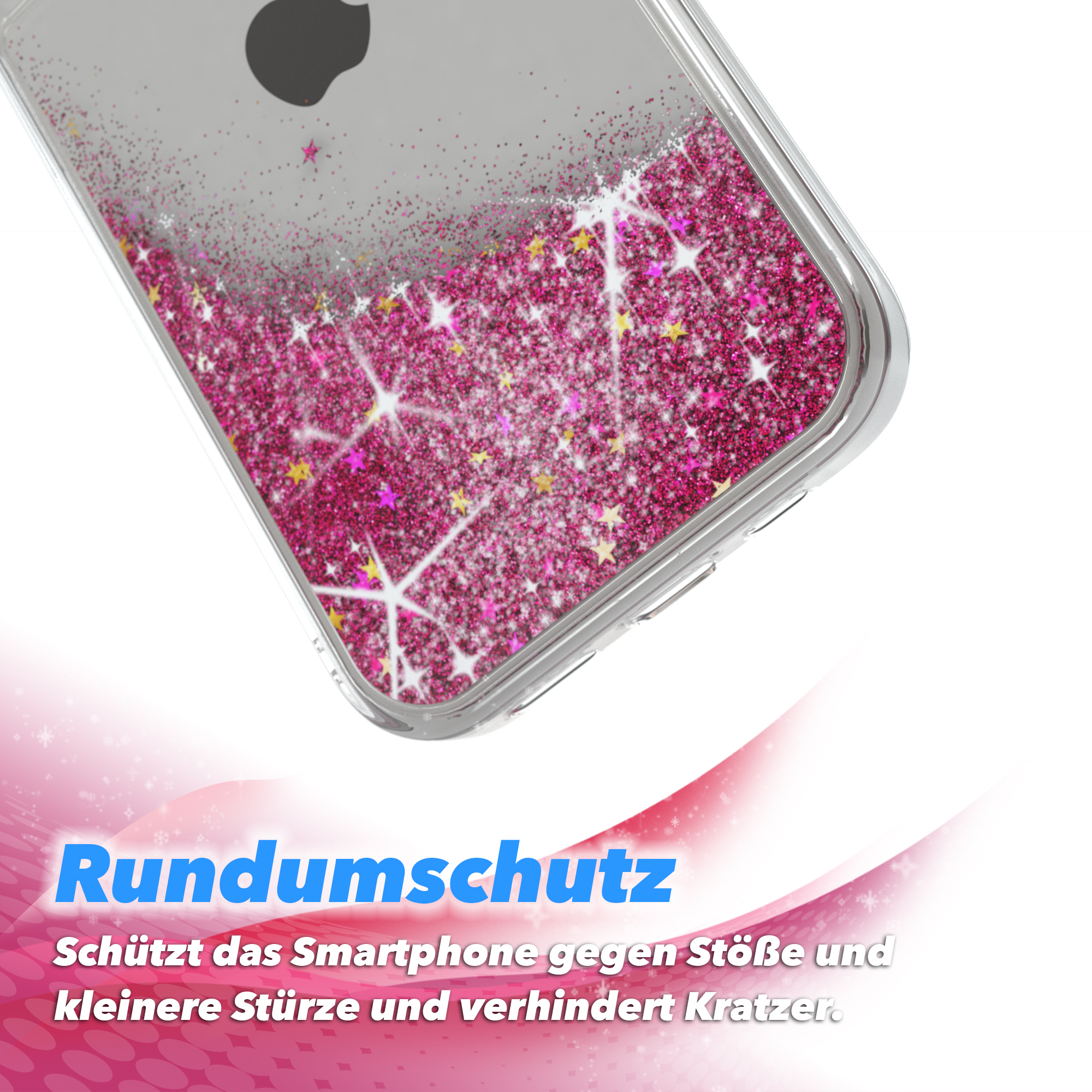 Nahaufnahme einer Handyhülle mit pinkem Glitzer-Flüssigkeit. Transparentes Plastik mit sternförmigem Glitzer.