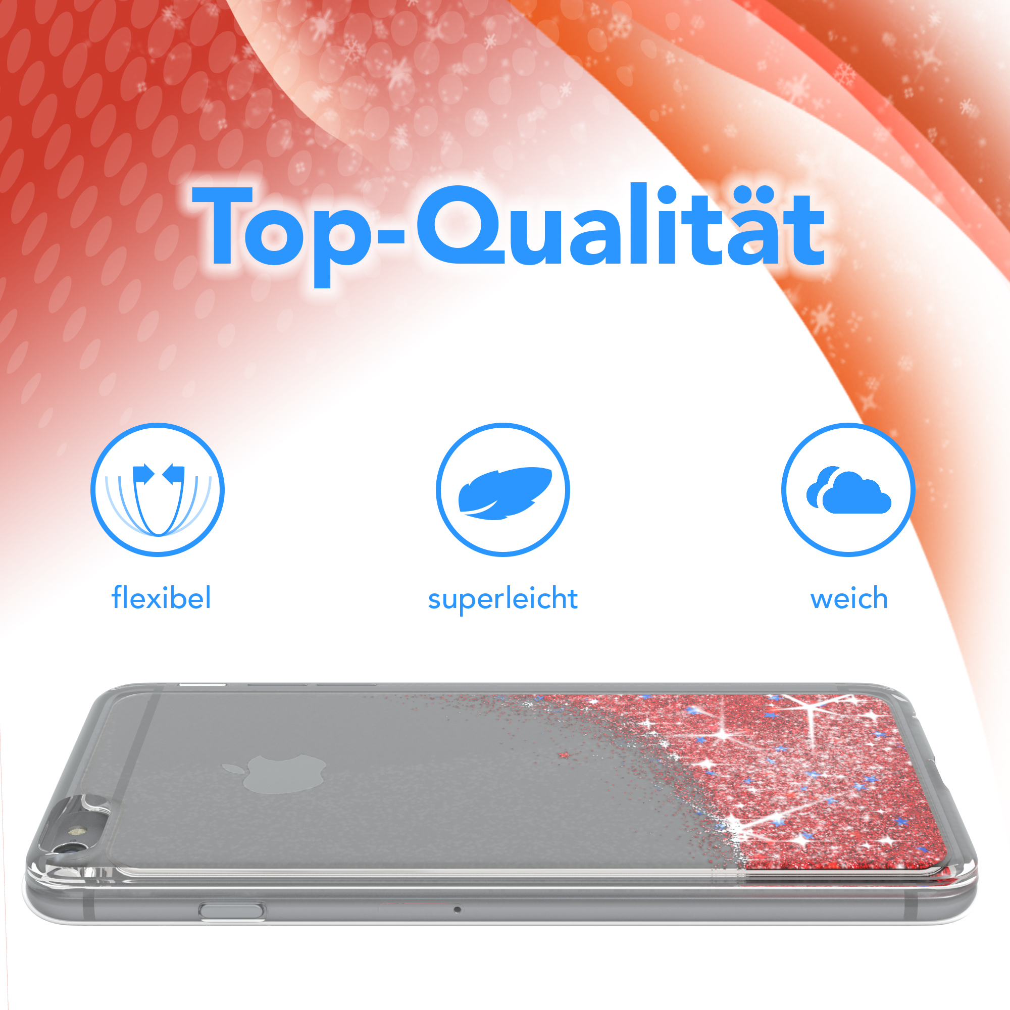 Transparente Handyhülle mit rotem Glitzer unten. Text: Top Qualität, flexibel, superleicht, weich.