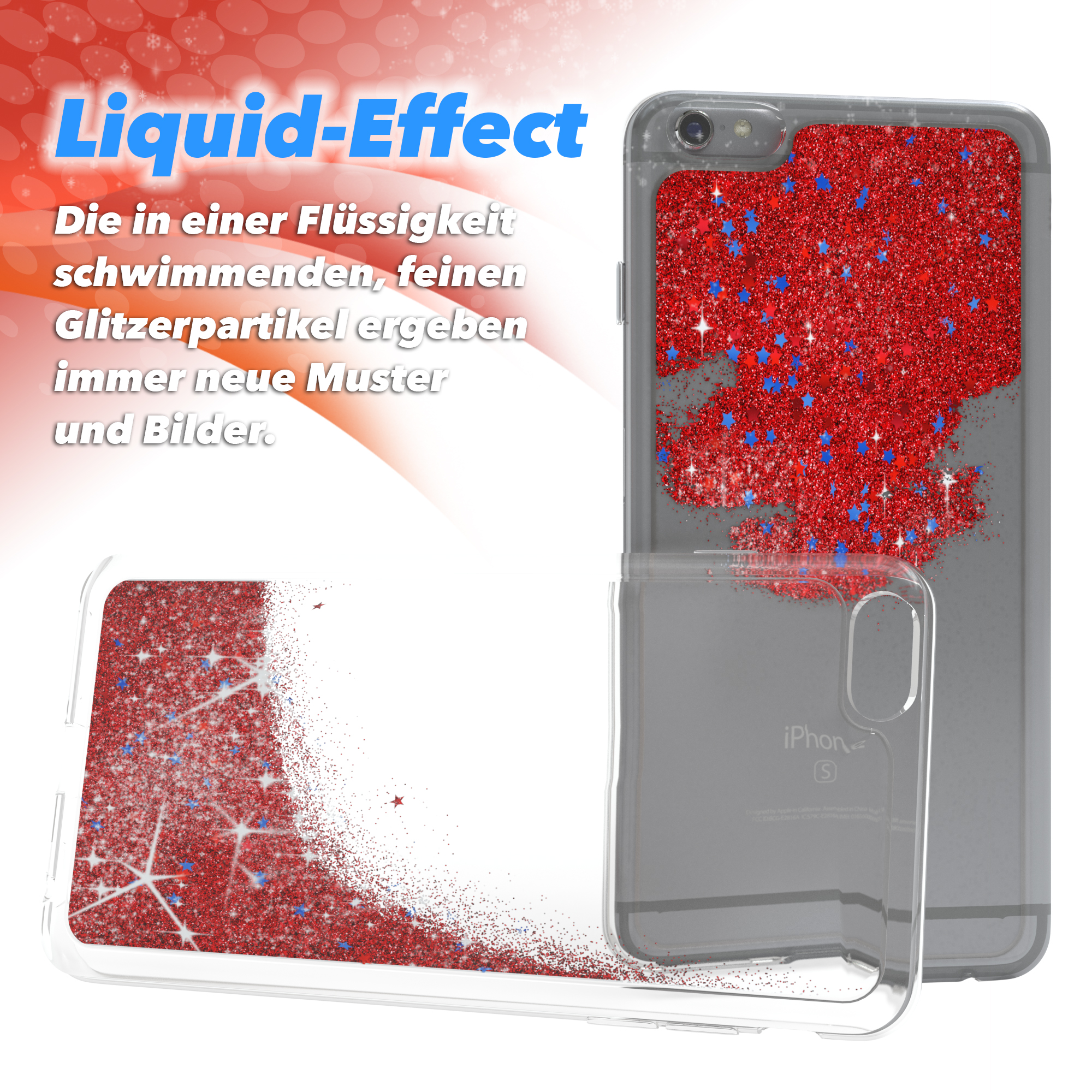 Transparente Handyhülle mit rotem Glitzer und blauen Sternen. Text: Liquid-Effect.