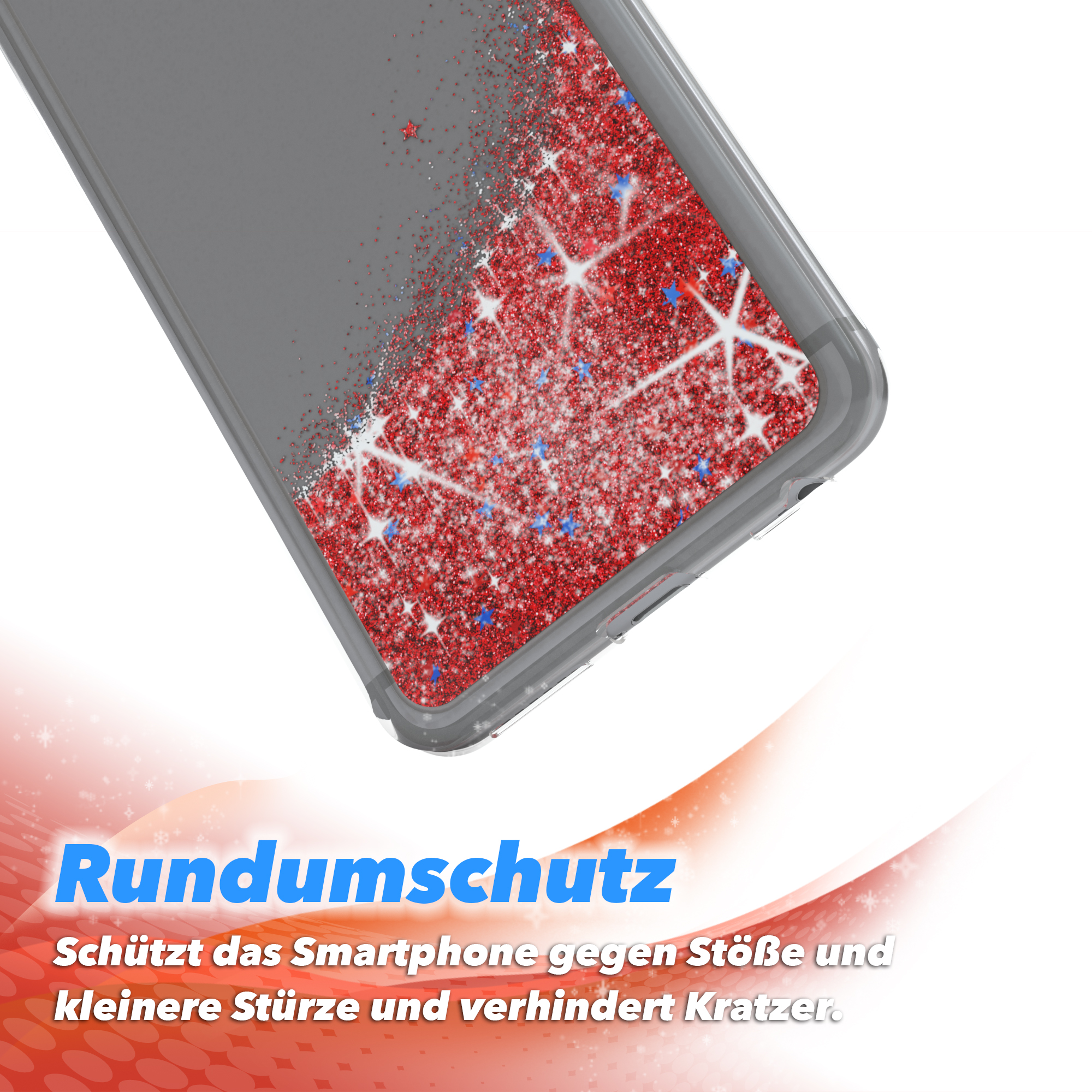 Handyhülle mit rotem Glitzer und blauen Sternen. Text: Rundumschutz, schützt vor Stößen.