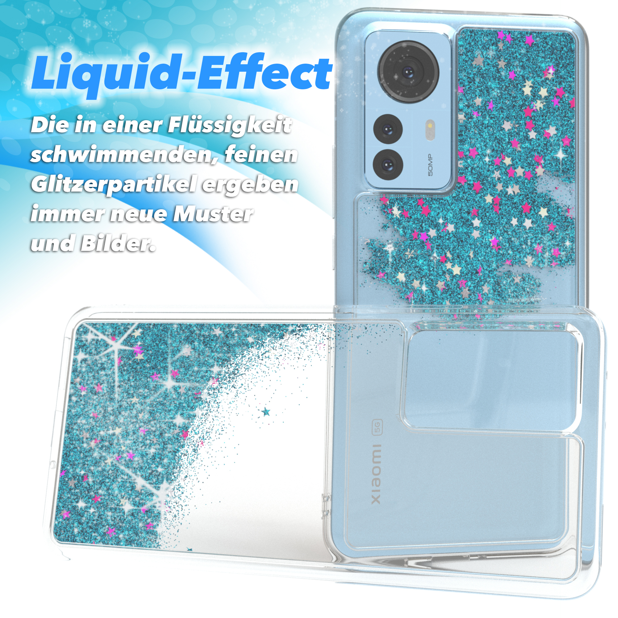 Blaue Handyhülle mit Glitzer und Sternen. Text: Liquid-Effect, Beschreibung auf Deutsch.