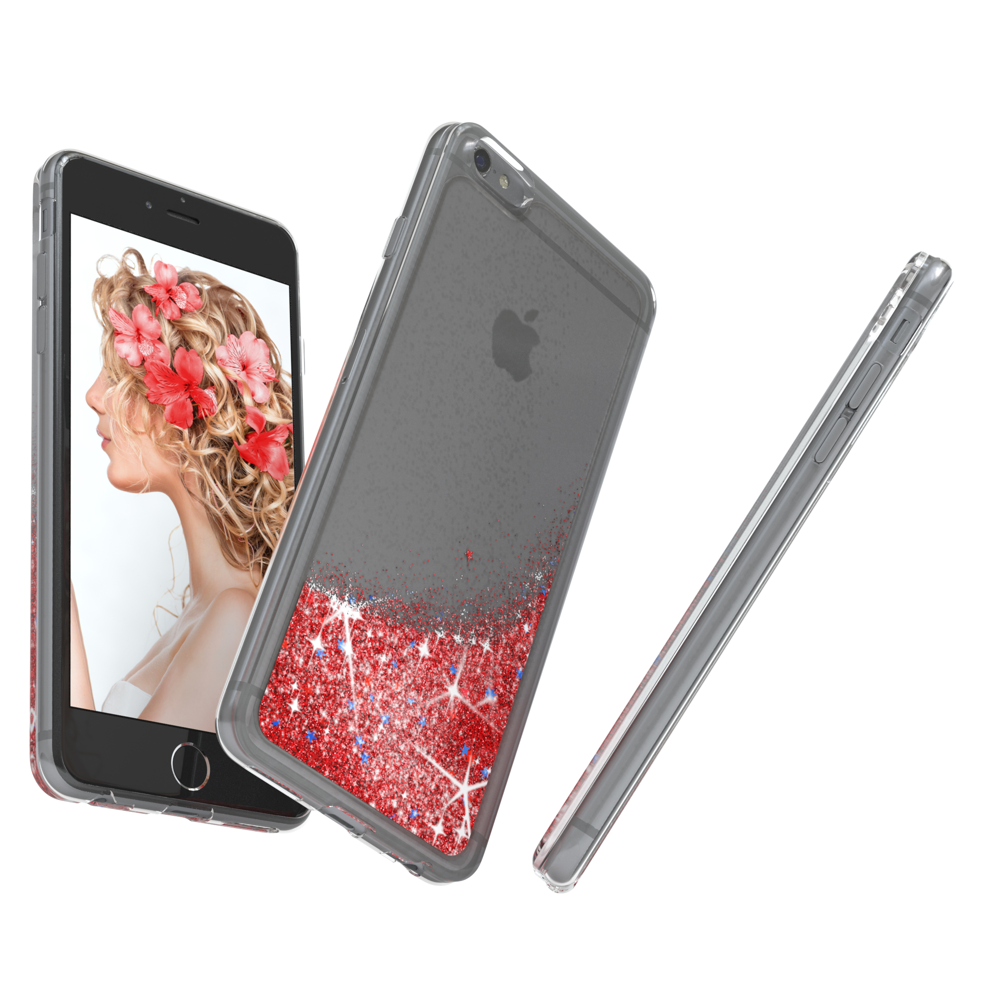 Ein Telefon mit Glitzerhülle, mit dem Gesicht einer Frau auf dem Bildschirm und zwei weiteren Perspektiven.