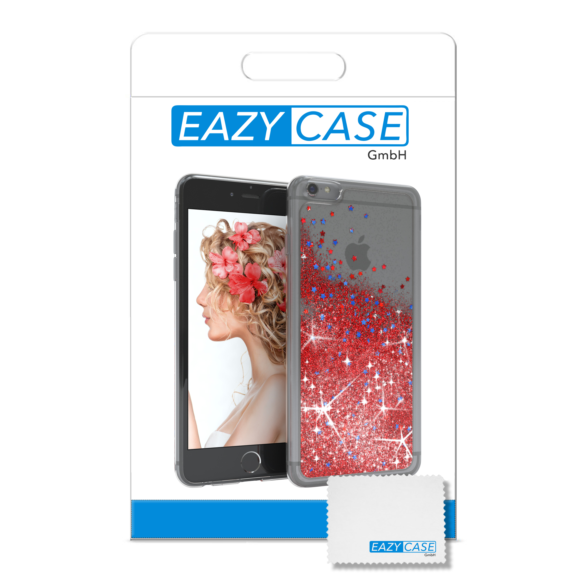 Telefonhüllenverpackung mit Frau, Handyhülle mit rotem Glitzer und einem Reinigungstuch.