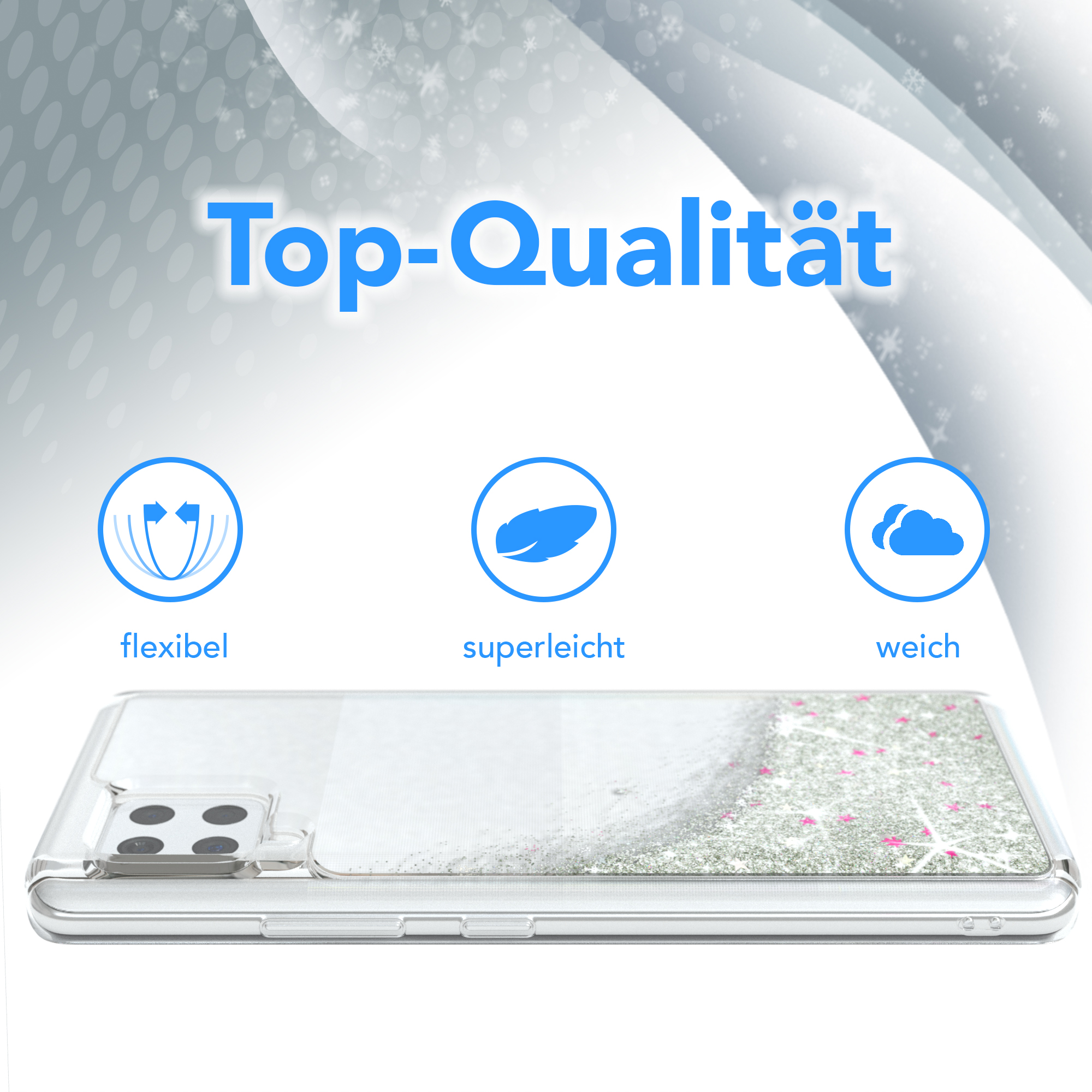 Transparente Handyhülle mit Glitzer und einem Telefon darin. Der Hintergrund hat ein Top-Qualität-Logo und Icons.