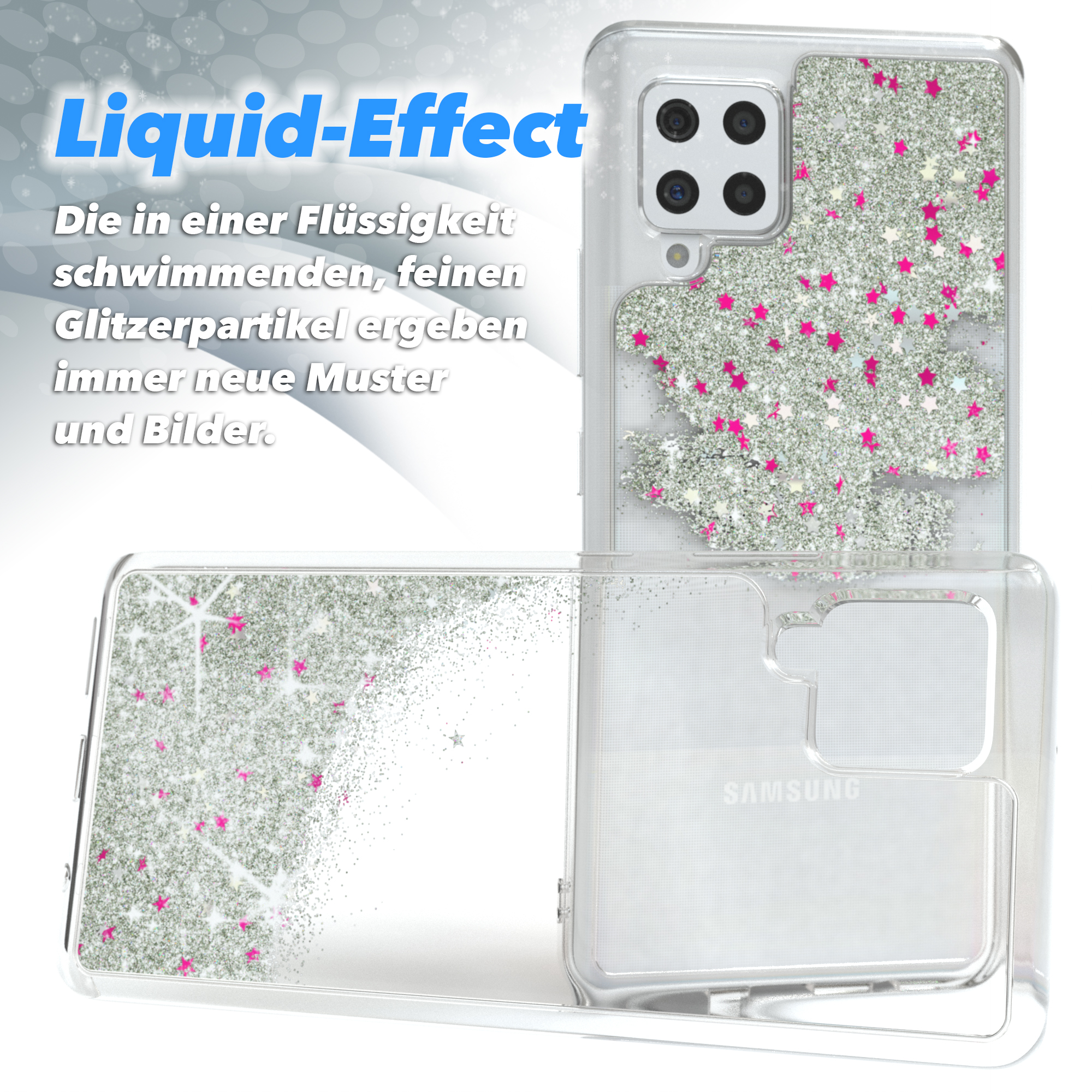 Eine Handyhülle mit Glitzer im Inneren wird gezeigt. Die Hülle ist geöffnet und zeigt das Telefon.