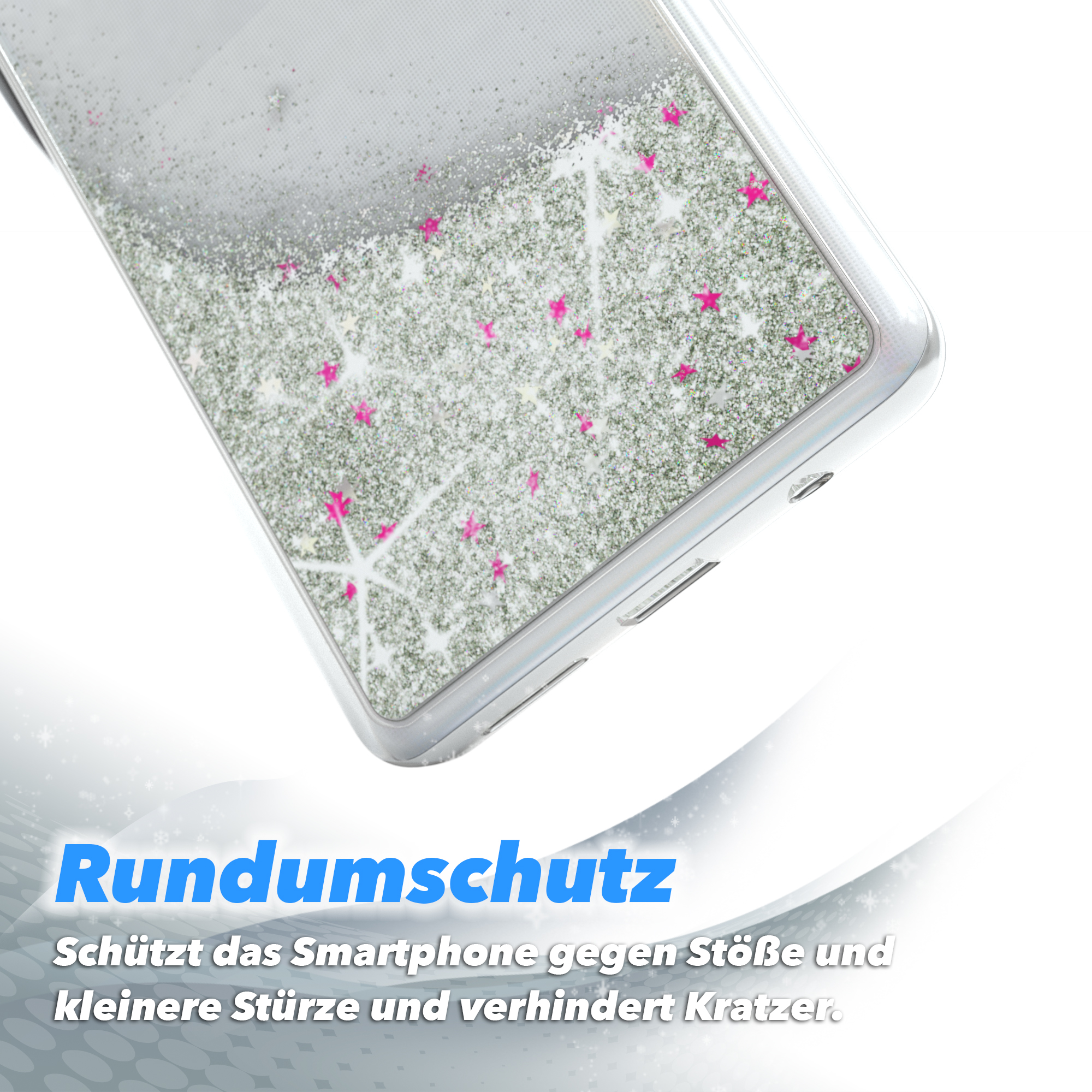Transparente Handyhülle mit silbernem Glitzer und pinken Sternen. Der Hintergrund ist weiß.