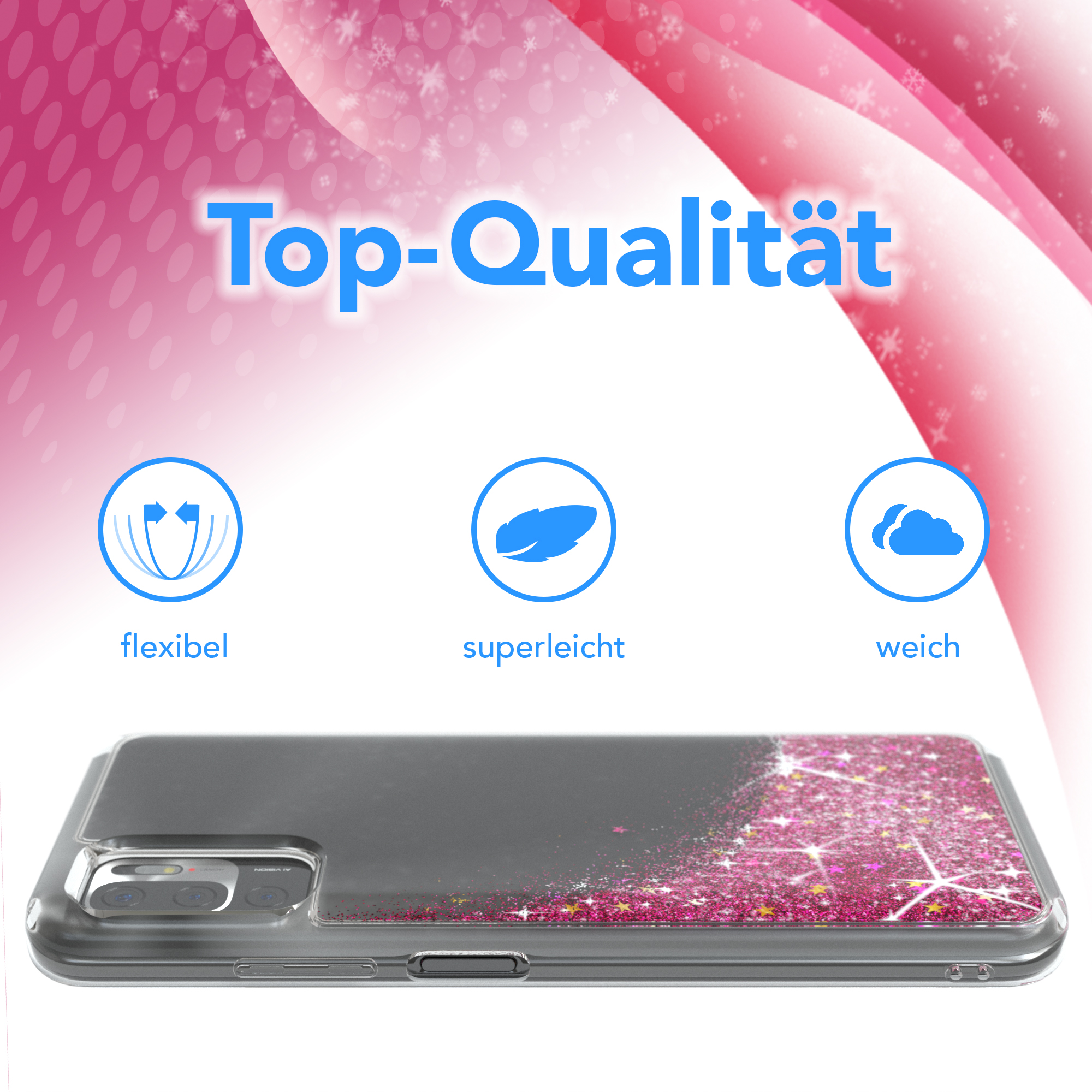 Handyhülle mit Glitzerdesign und Text: Top-Qualität. Drei Icons: flexibel, superleicht, weich.