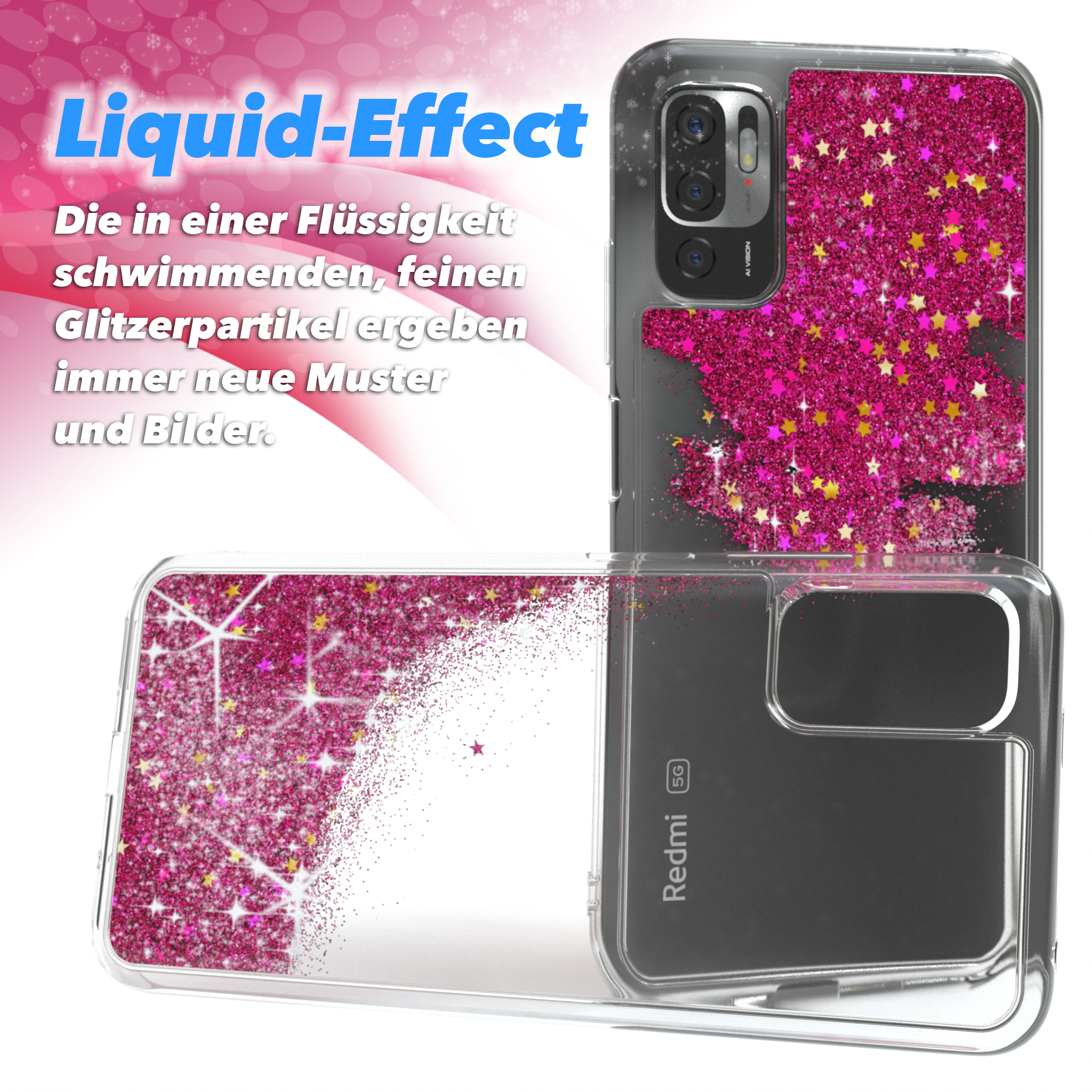 Transparente Handyhülle mit rosa Glitzer und Sternen. Text: Liquid-Effect.