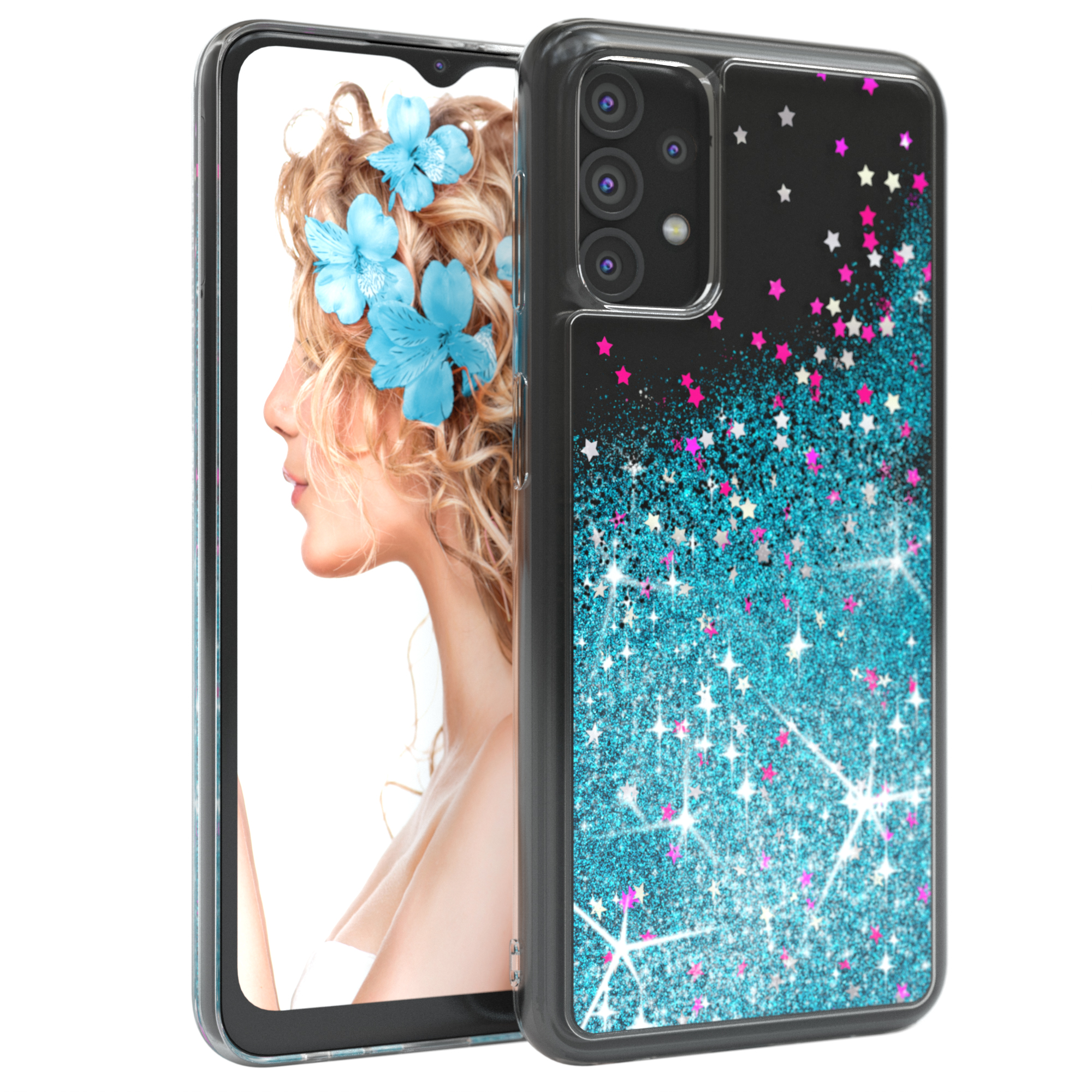 EAZY CASE Glitzerhülle Samsung, Flüssig, Blau 5G, Galaxy Backcover, A32