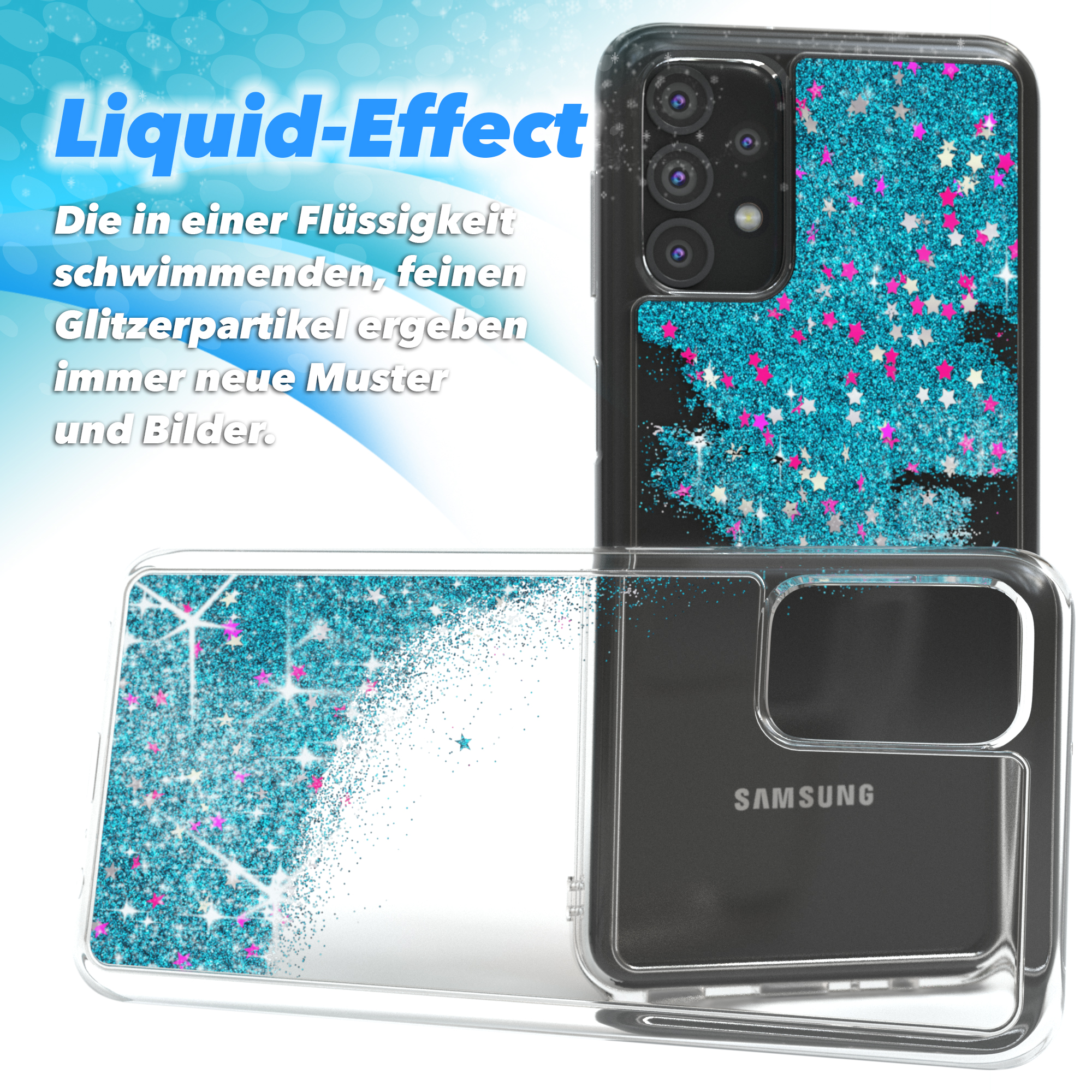 EAZY CASE Samsung, 5G, A32 Blau Flüssig, Glitzerhülle Backcover, Galaxy