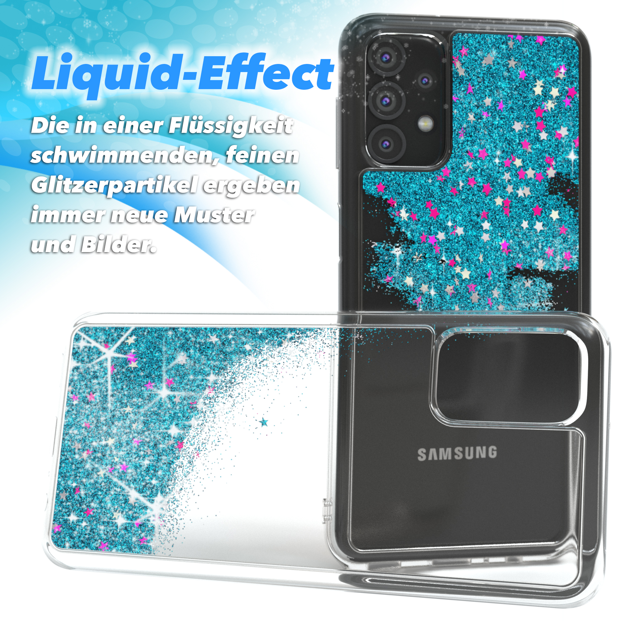 Zwei Telefone in Hüllen, eines mit flüssigem Glitzer, Sternen.