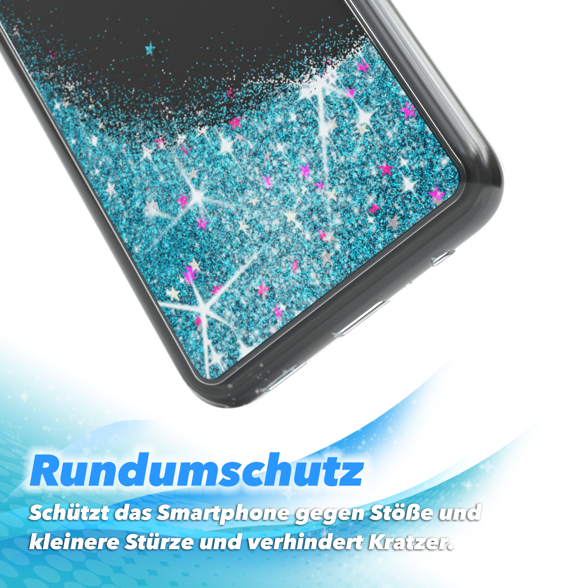 Handyhülle mit blauem Glitzerdesign und Glitzer, mit Schutztext unten.