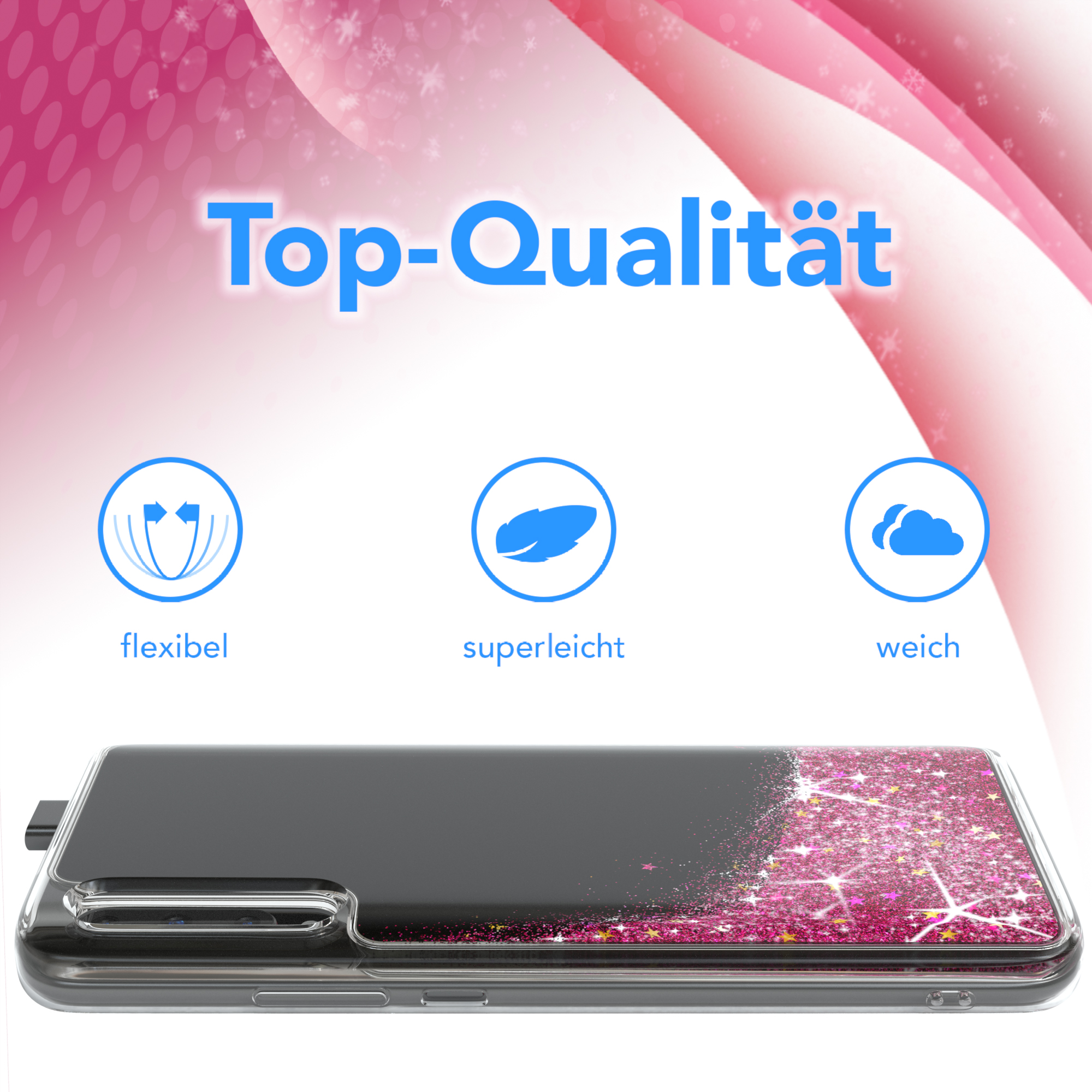 Smartphone-Hülle mit Glitzer-Design, mit Symbolen für flexibel, leicht, weich.