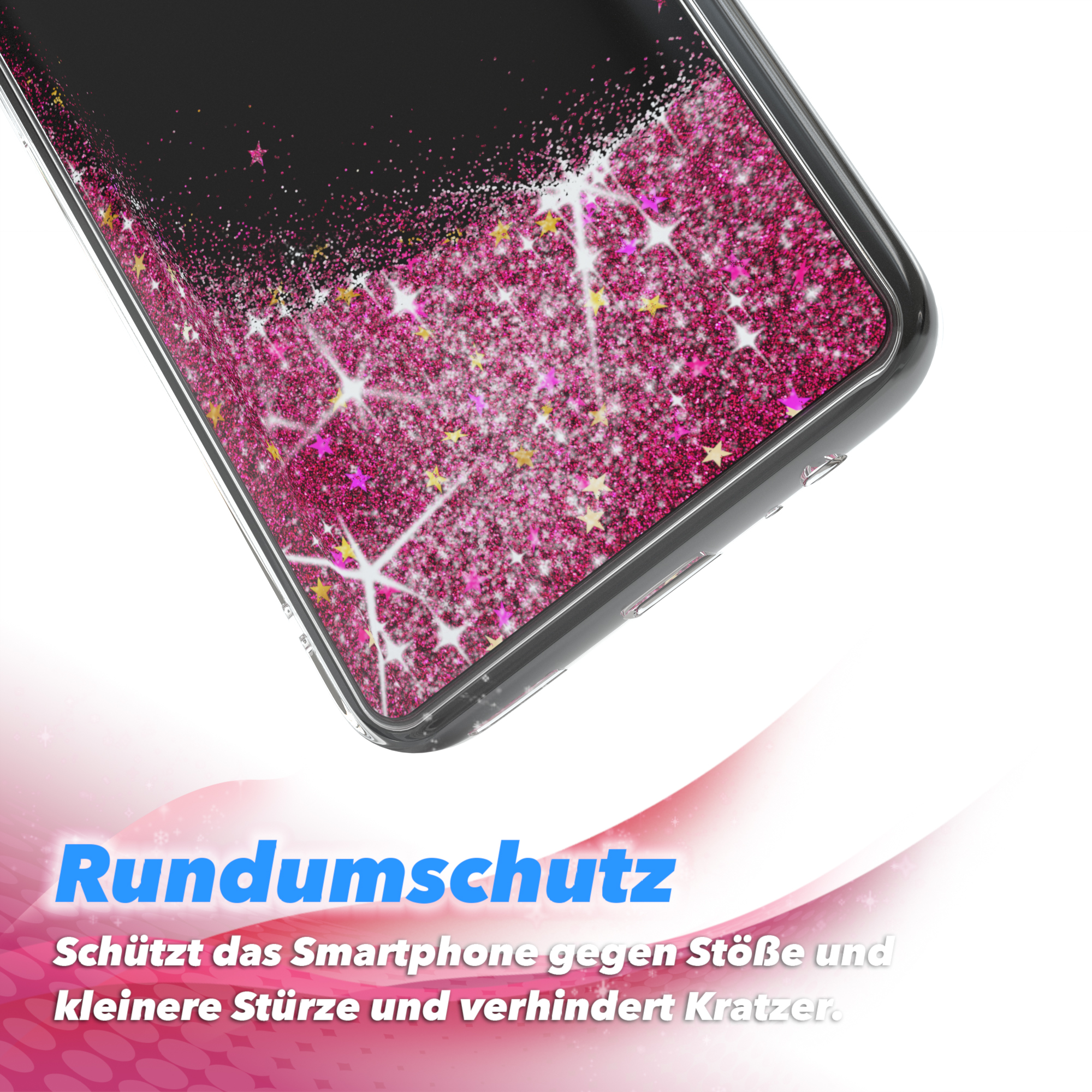 Nahaufnahme einer Handyhülle mit pinkfarbenem Glitzerdetail. Die Hülle ist transparent und hat ein Schutzdesign.