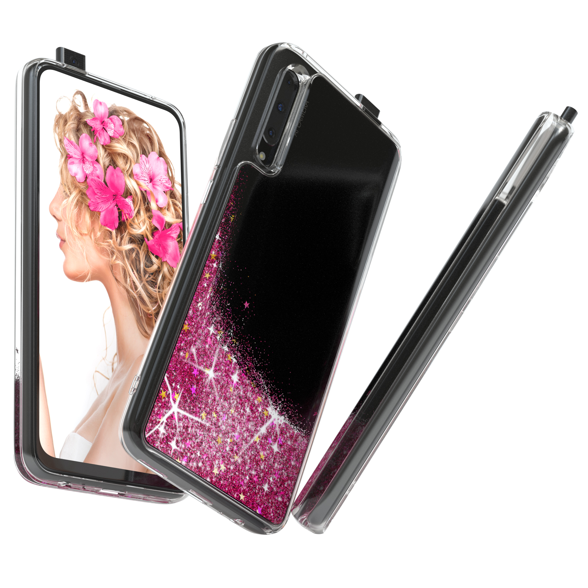 Handyhülle mit Glitzerdesign, mit Telefon und Schwebeeffekt.
